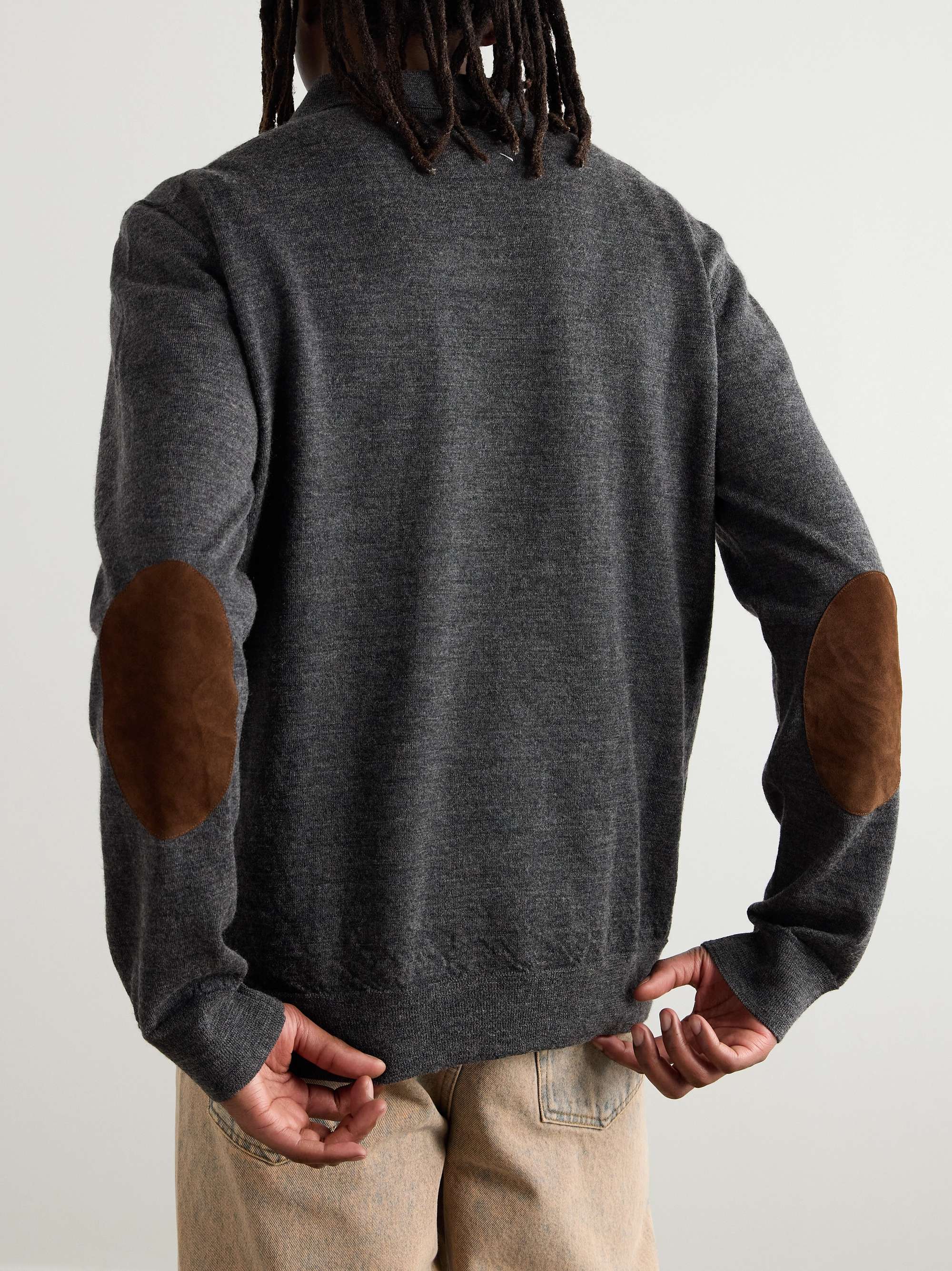 Suede-Trimmed Wool Polo Shirt view
