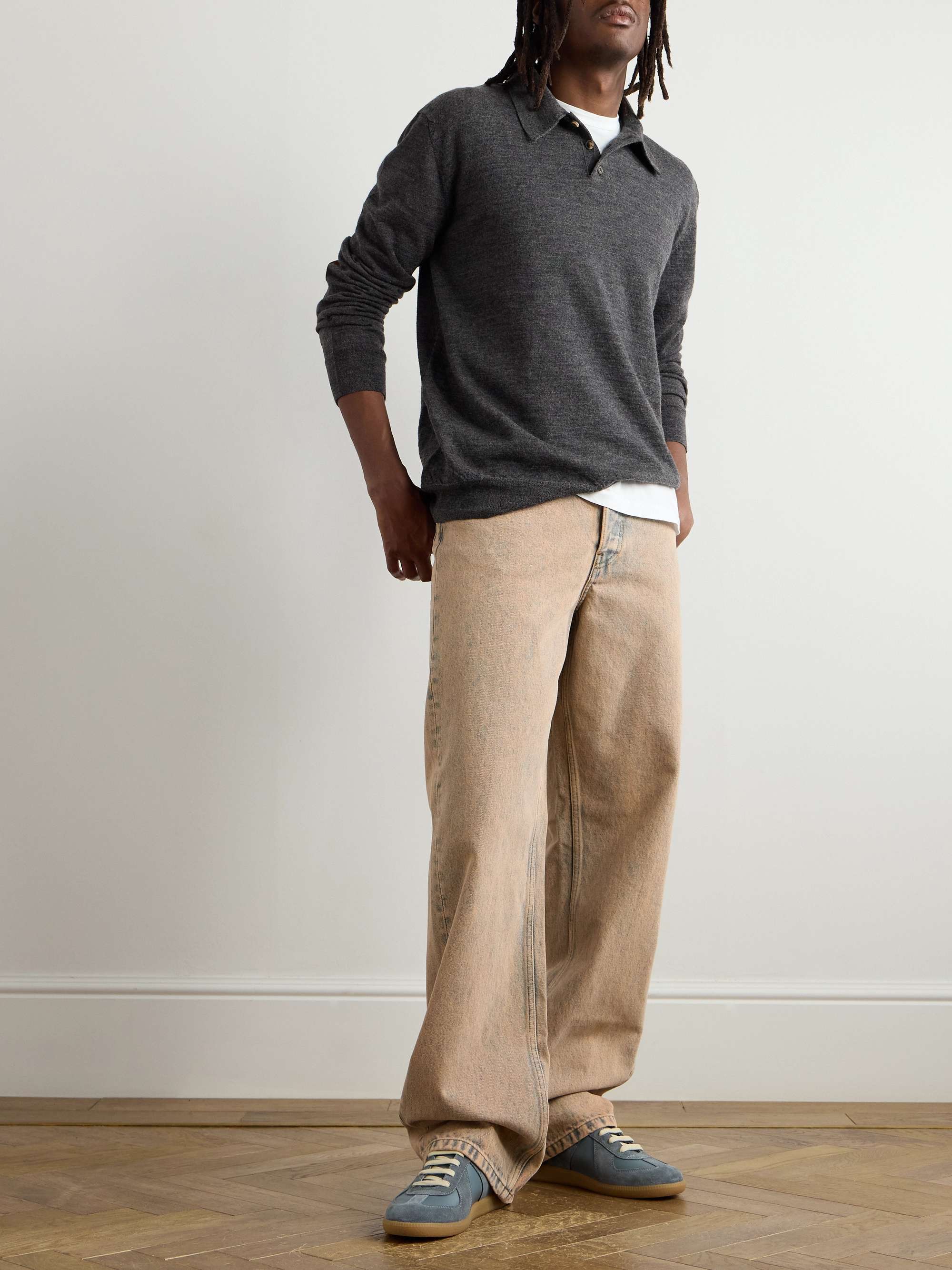 Suede-Trimmed Wool Polo Shirt view