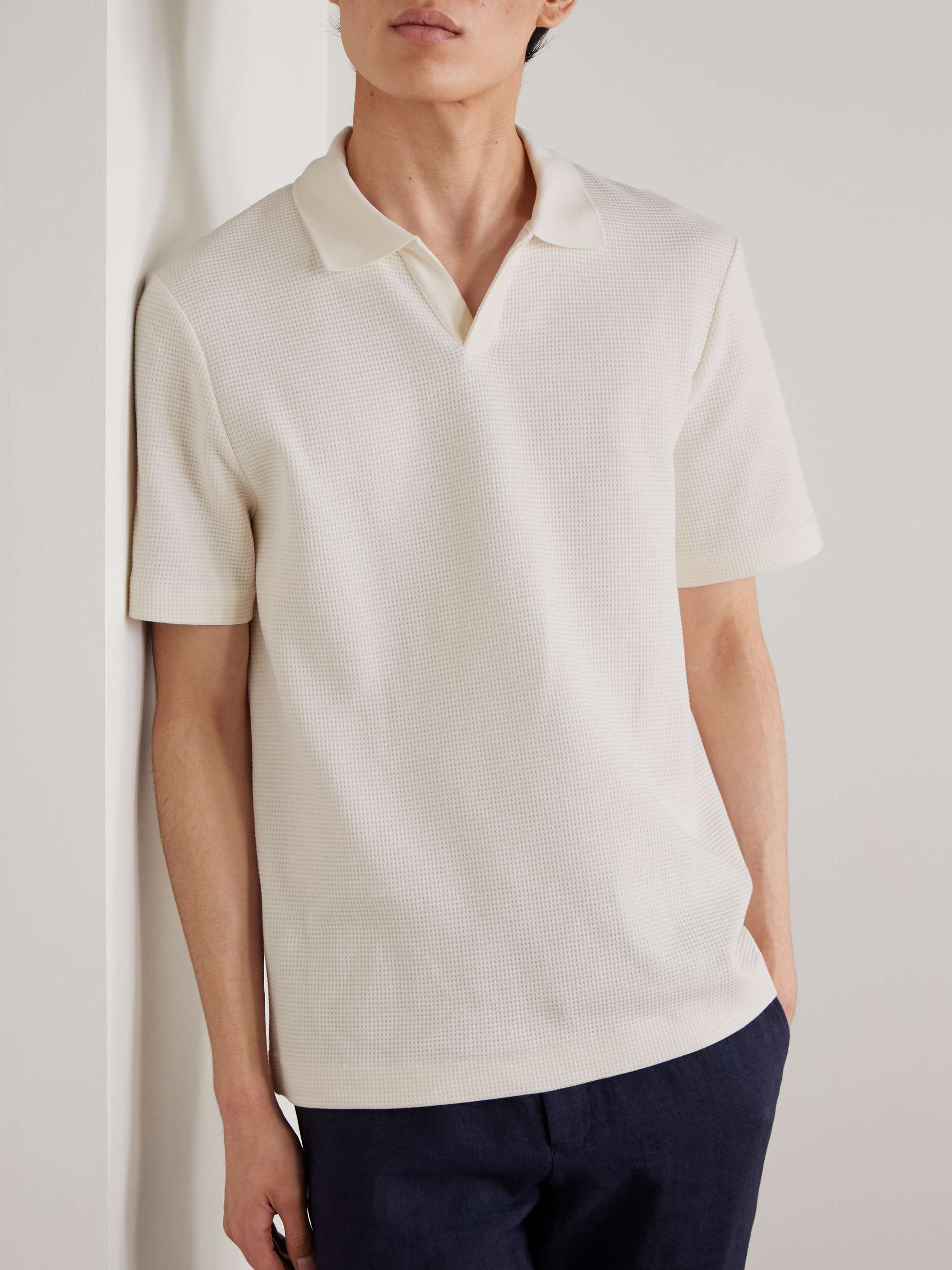 Jonny Open-Collar Waffle-Knit Organic Cotton Polo Shirt view