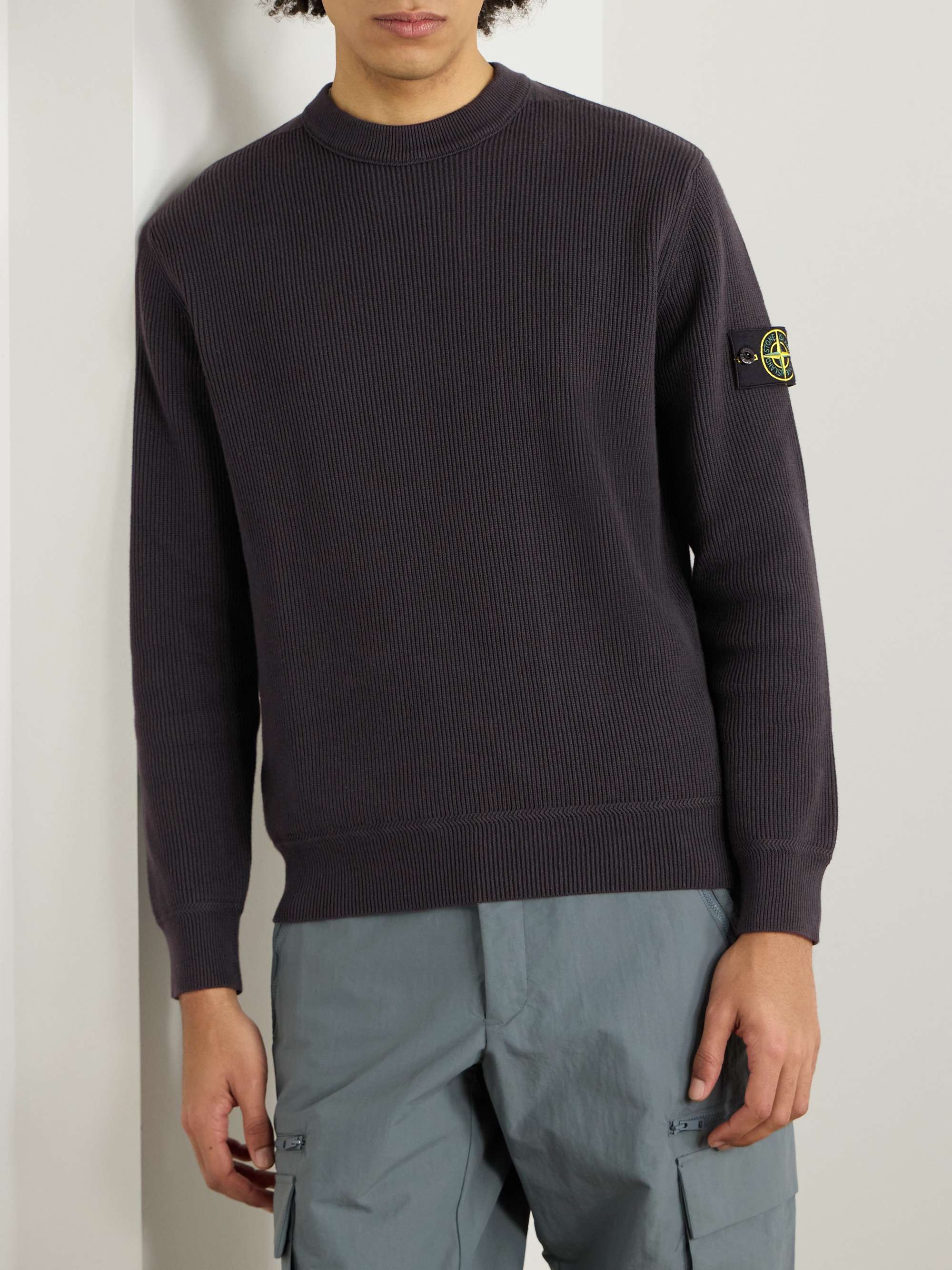 Logo-Appliquéd Ribbed-Knit Cotton Sweater view