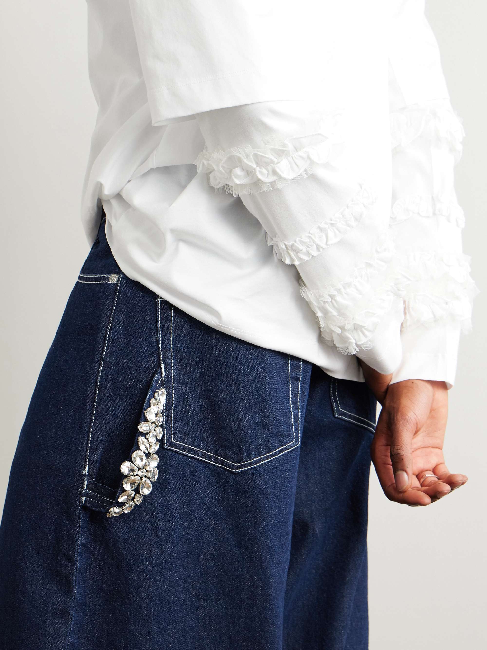 Puddle Wide-Leg Pleated Crystal-Embellished Jeans view