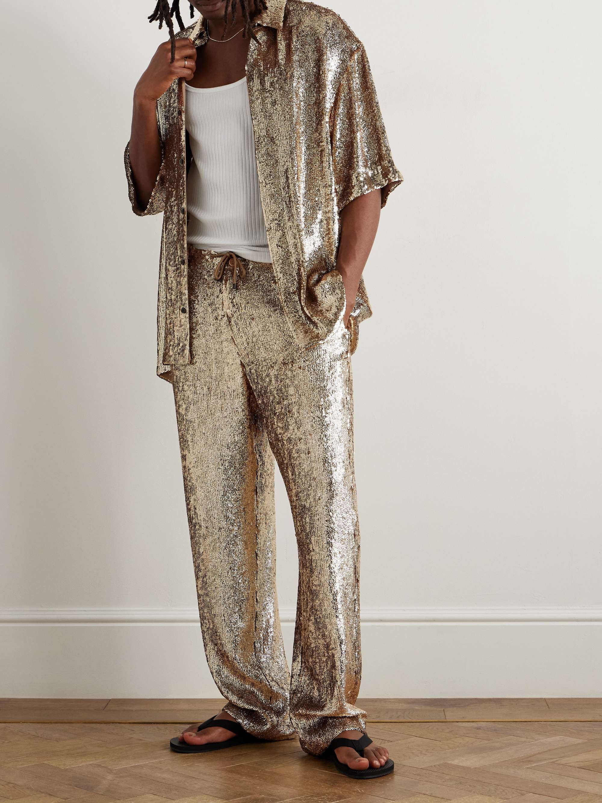 Wide-Leg Sequinned Crepe Drawstring Trousers view