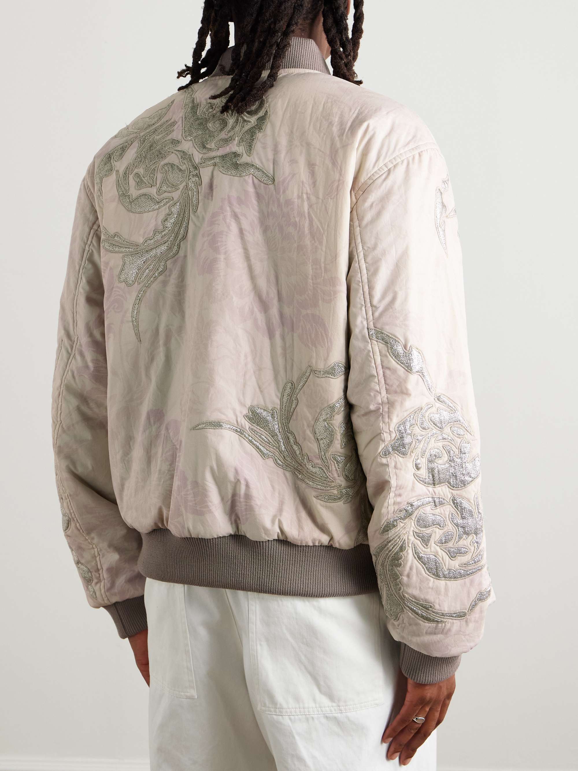 Reversible Embroidered Floral-Print Cotton and Lamé Bomber Jacket view