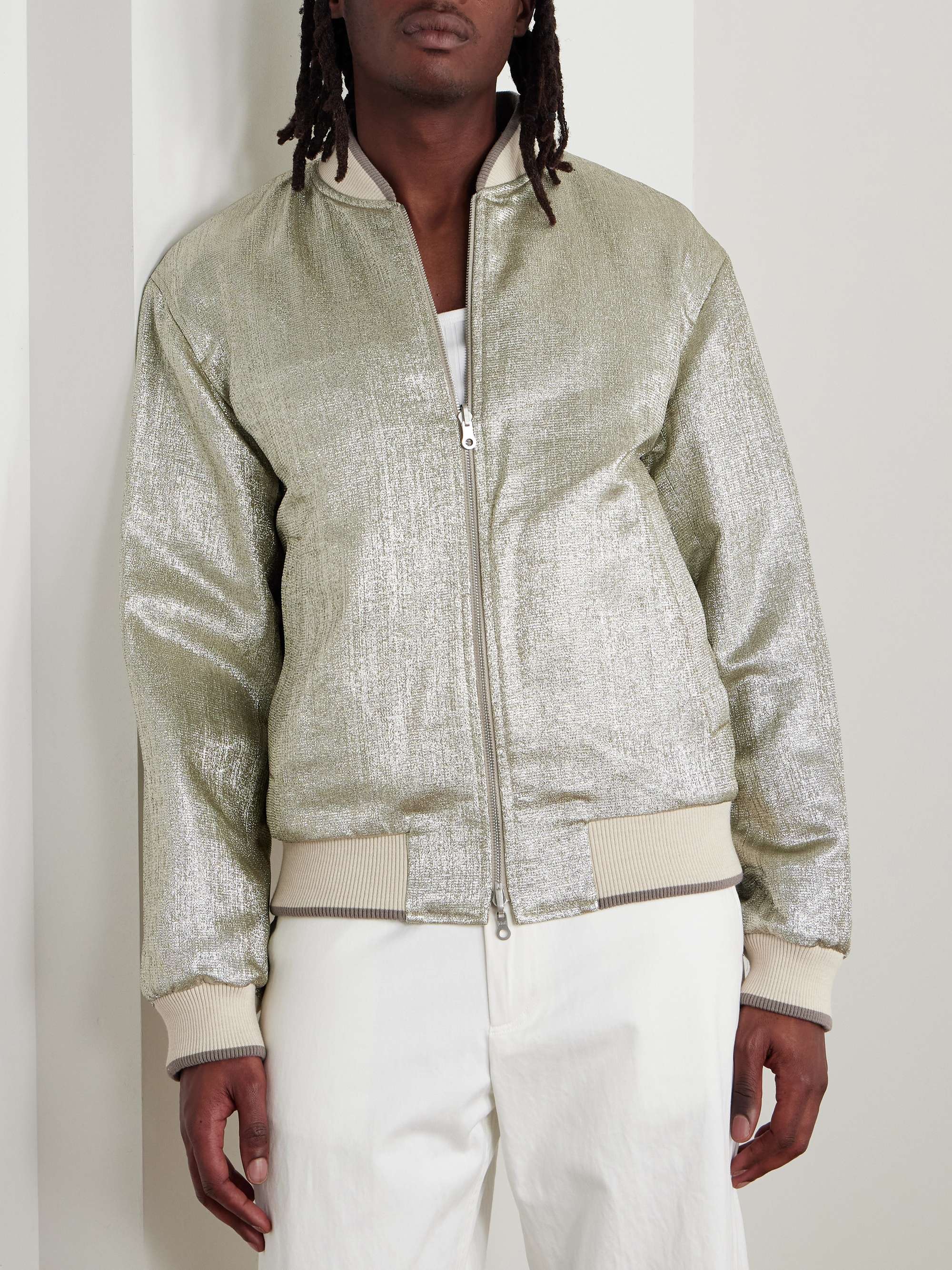 Reversible Embroidered Floral-Print Cotton and Lamé Bomber Jacket view