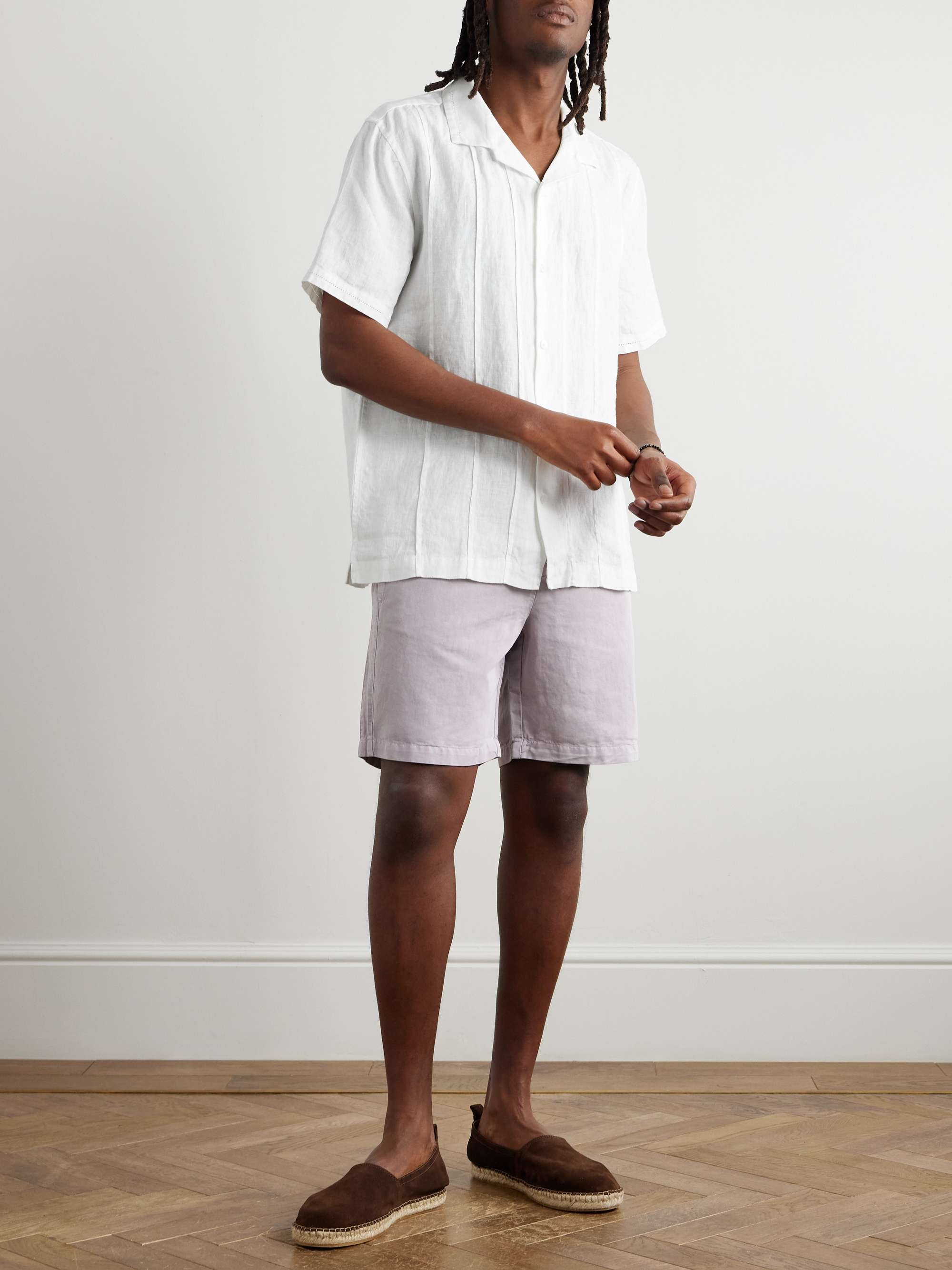 Camp-Collar Embroidered Pintucked Linen Shirt view