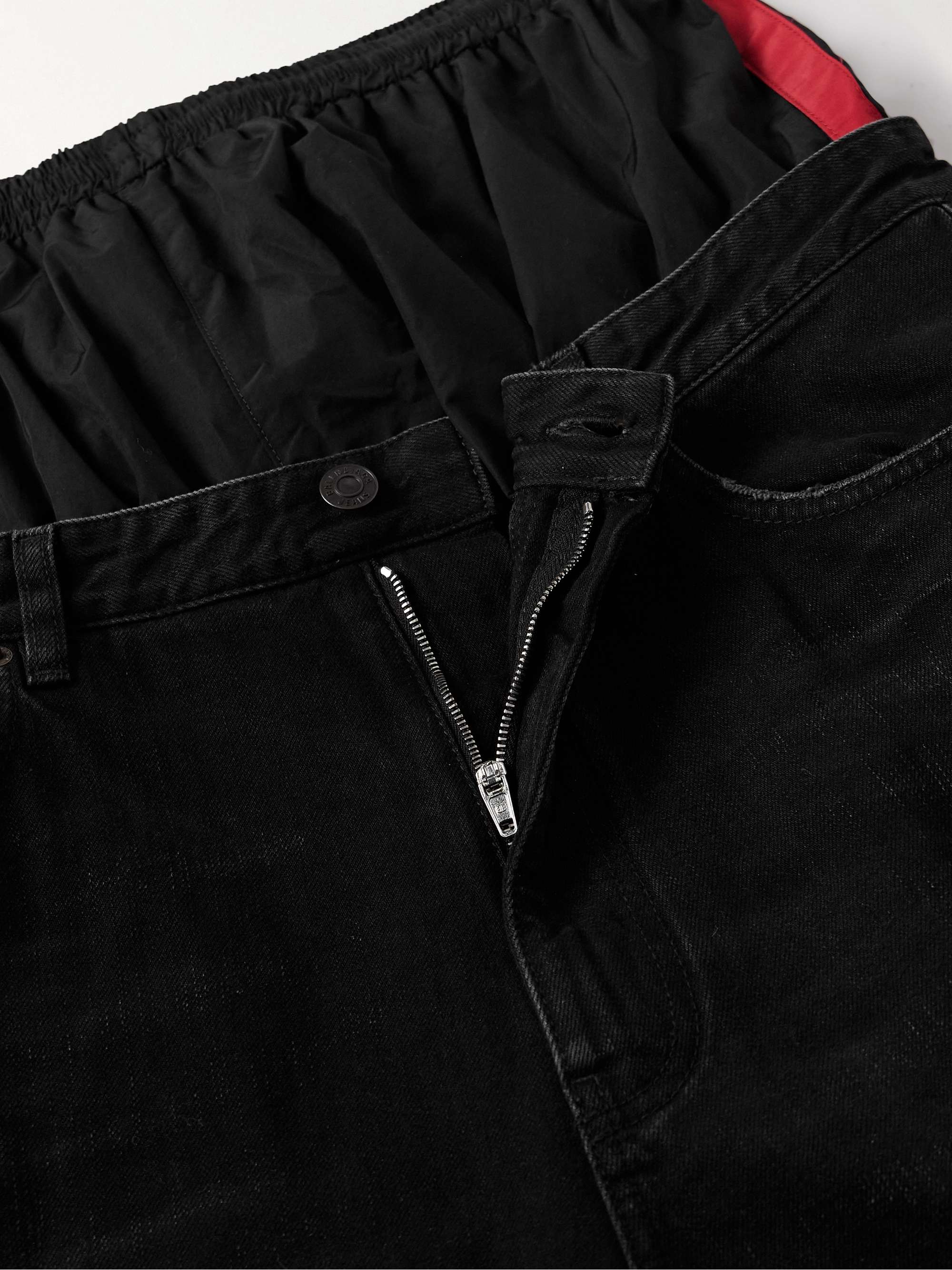 Layered Shell-Trimmed Distressed Flared Jeans view