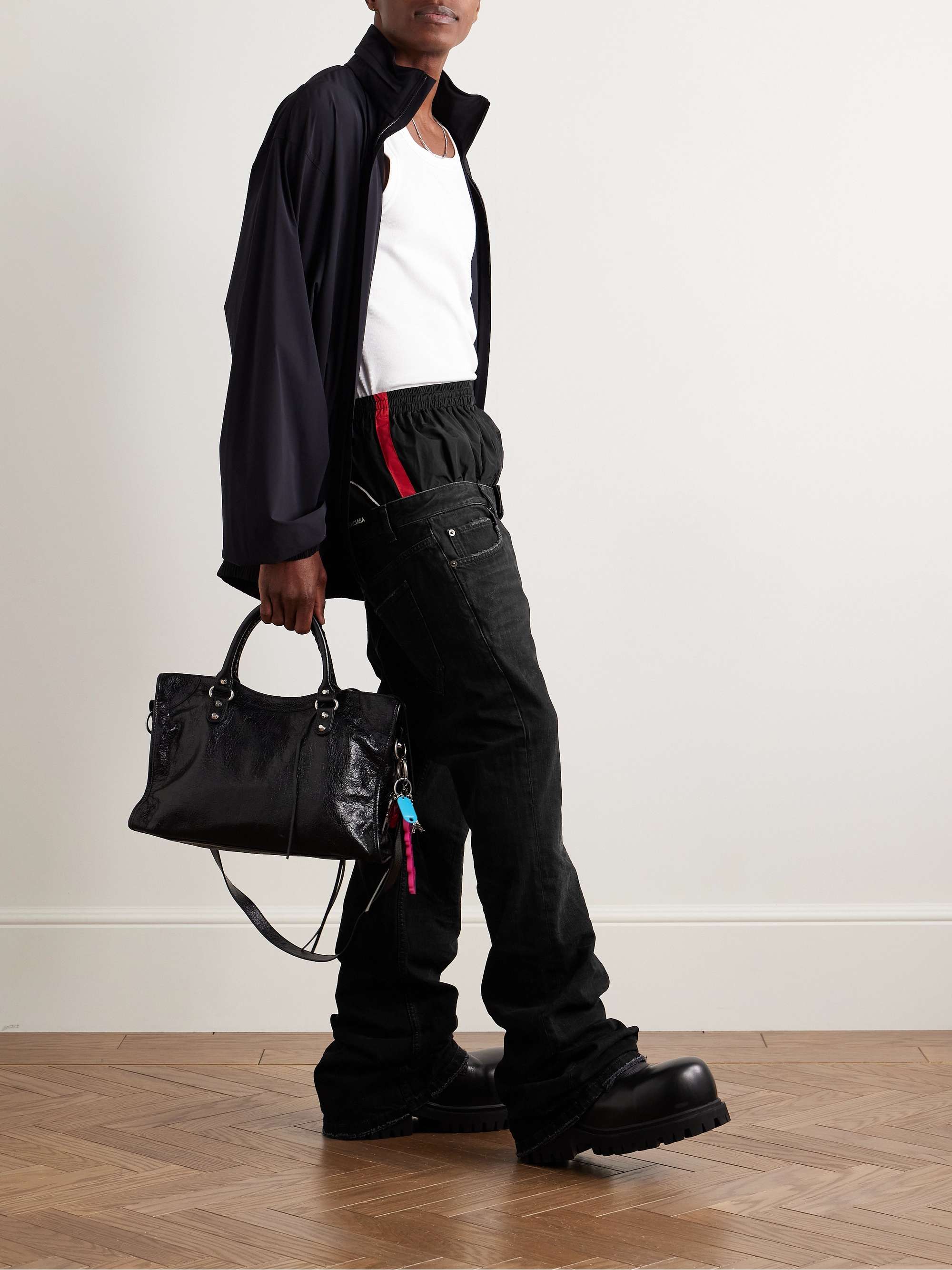 Layered Shell-Trimmed Distressed Flared Jeans view