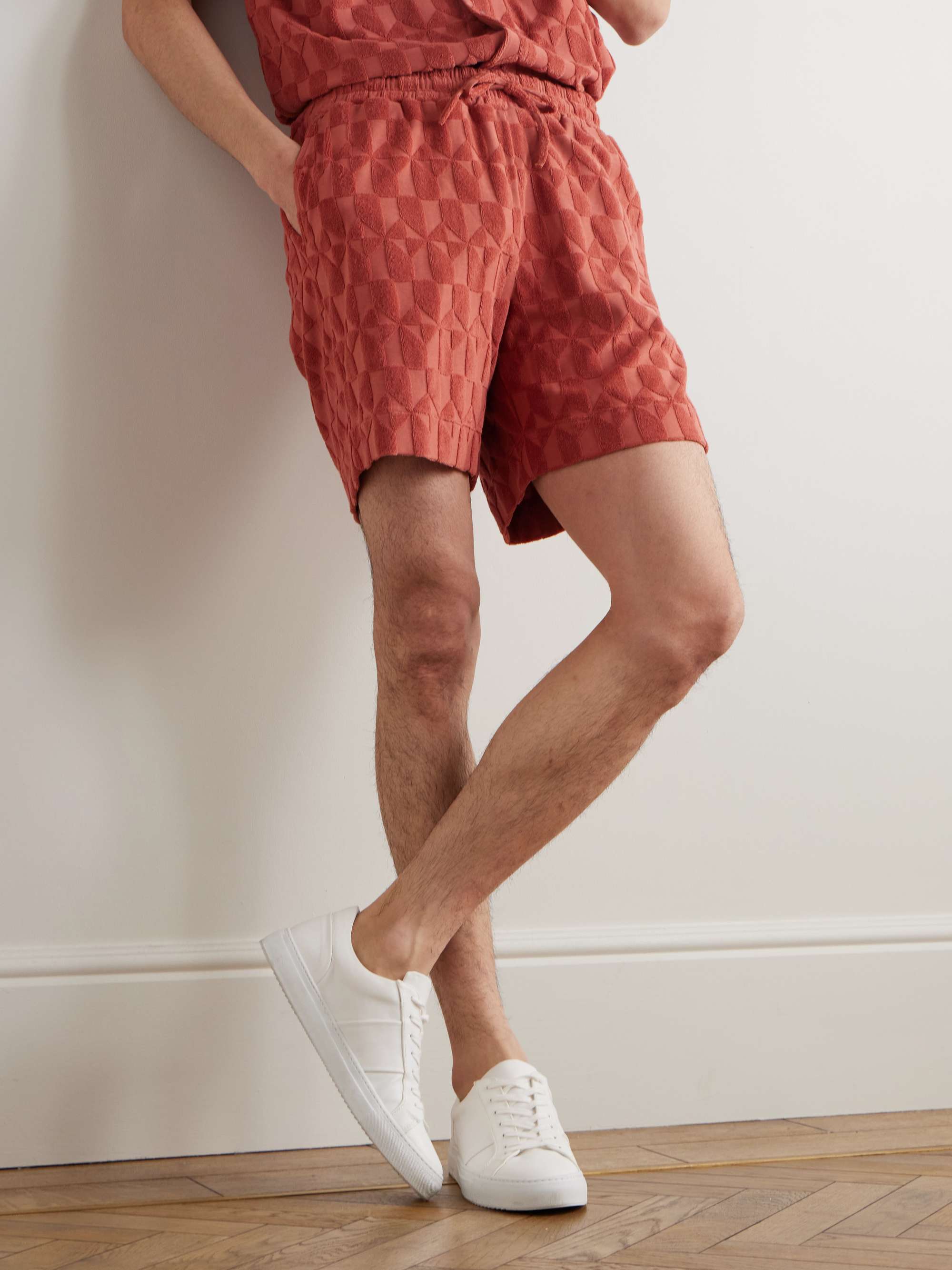 Straight-Leg Organic Cotton-Terry Jacquard Drawstring Shorts view