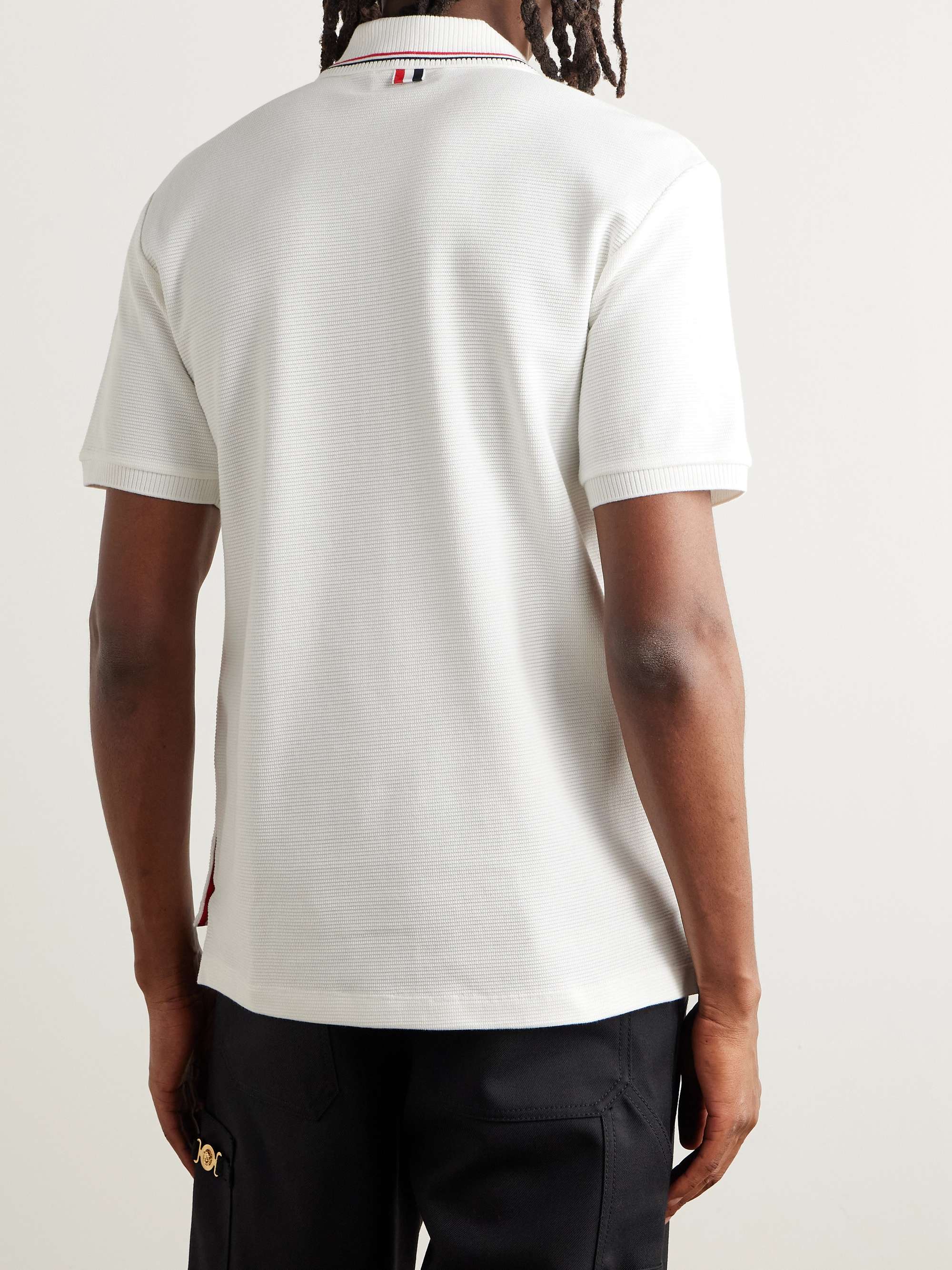 Logo-Appliquéd Striped Waffle-Knit Cotton Polo Shirt view