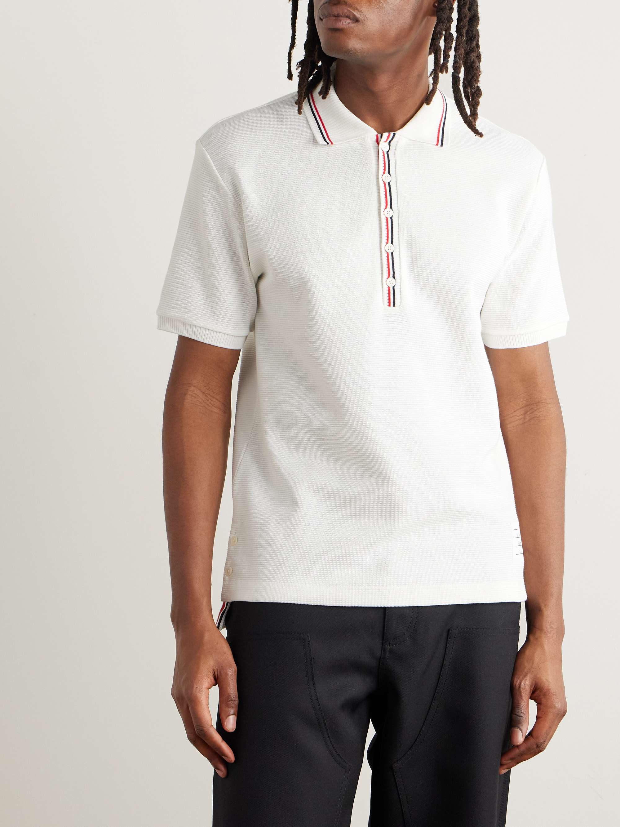 Logo-Appliquéd Striped Waffle-Knit Cotton Polo Shirt view