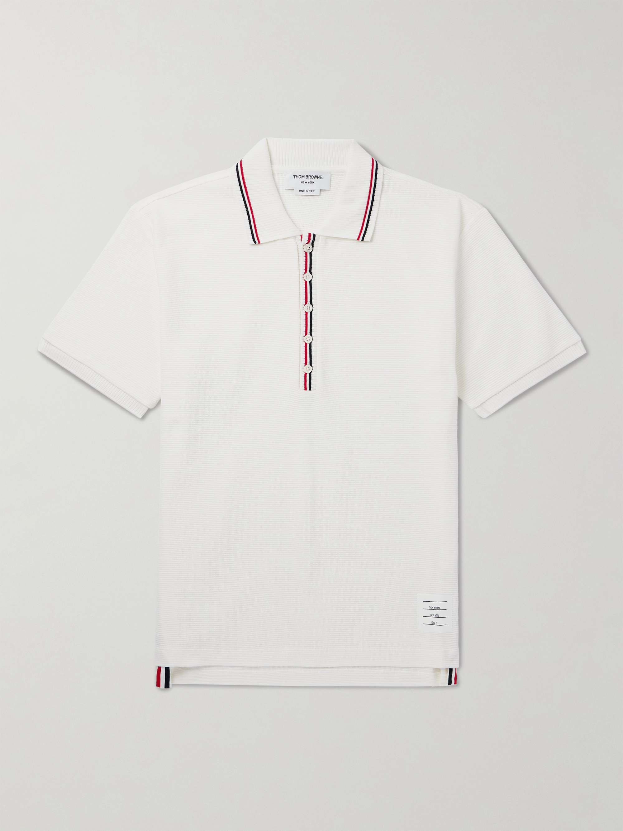 Logo-Appliquéd Striped Waffle-Knit Cotton Polo Shirt view