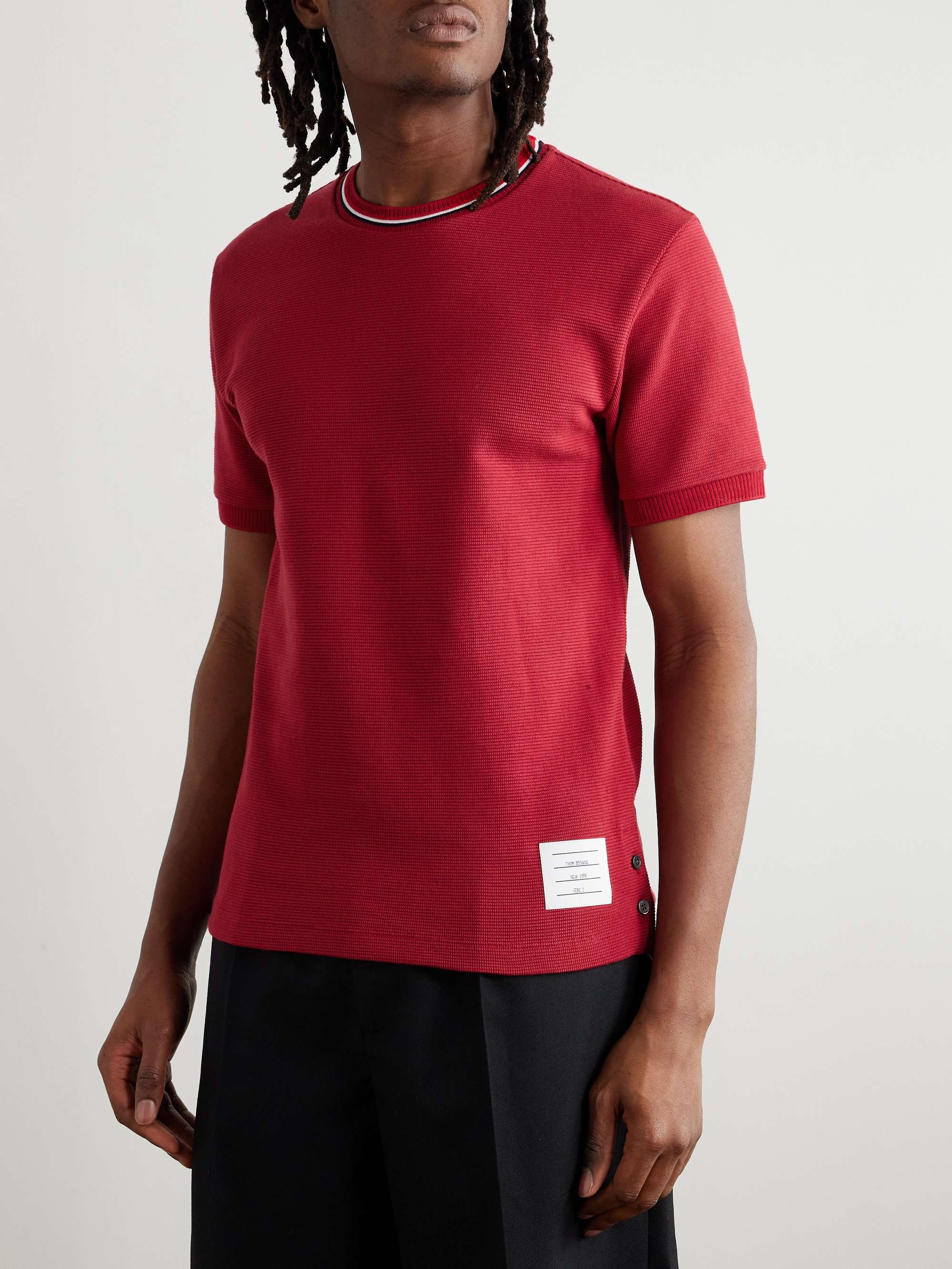 Slim-Fit Logo-Appliquéd Striped Waffle-Knit Cotton T-Shirt view
