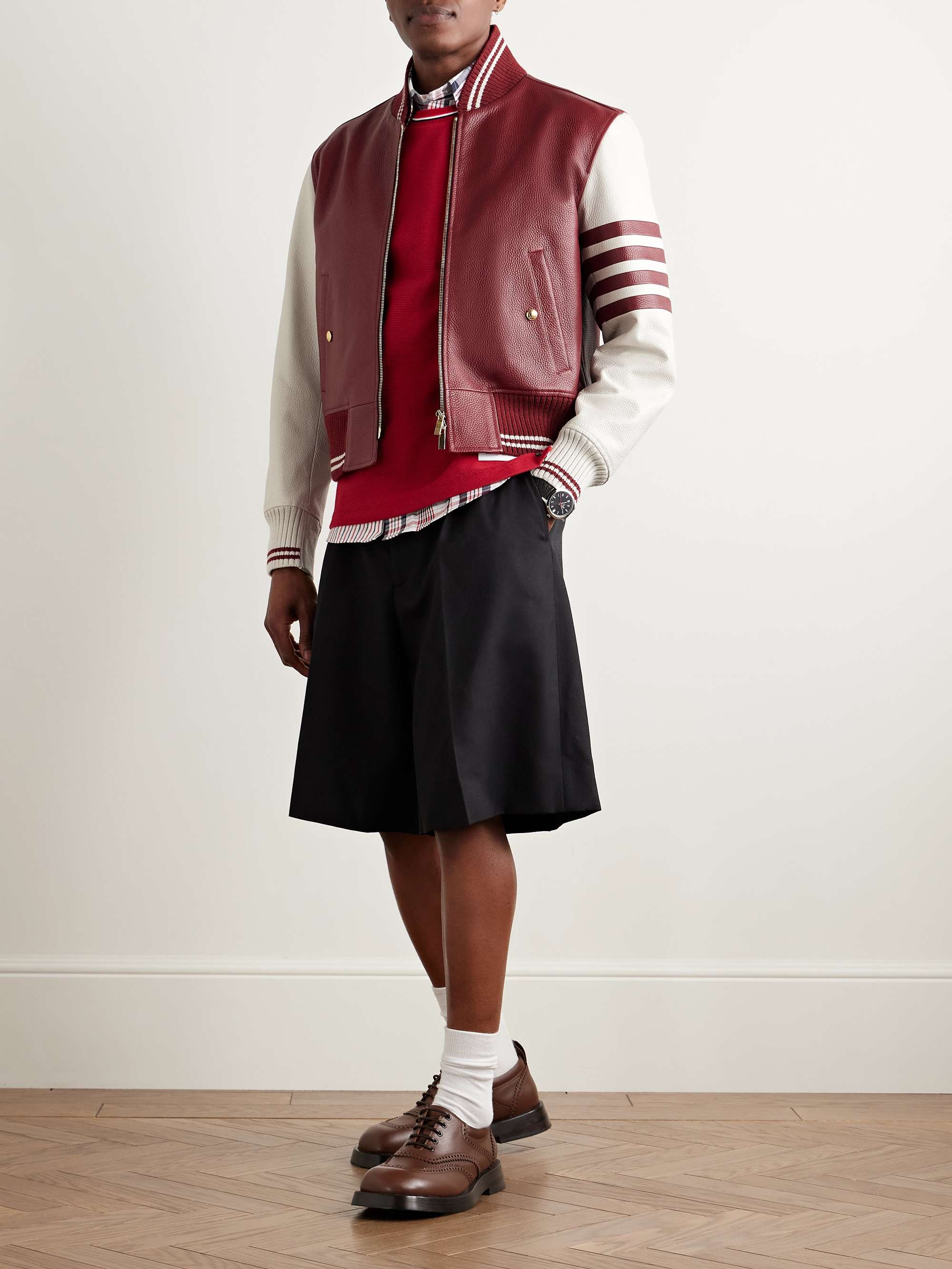 Striped Full-Grain Leather Bomber Jacket view