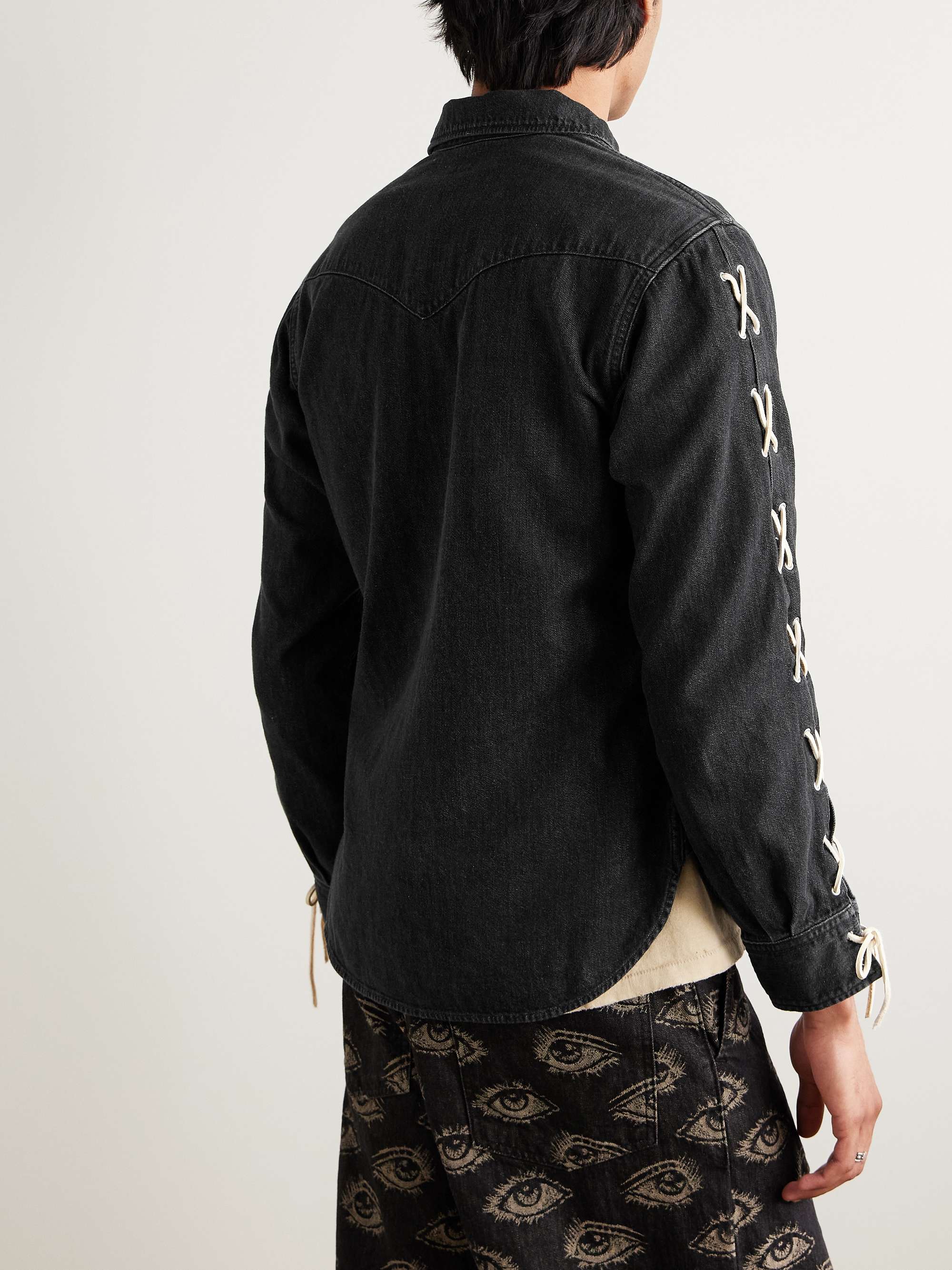 Slim-Fit Leather-Trimmed Lace-Up Denim Shirt view