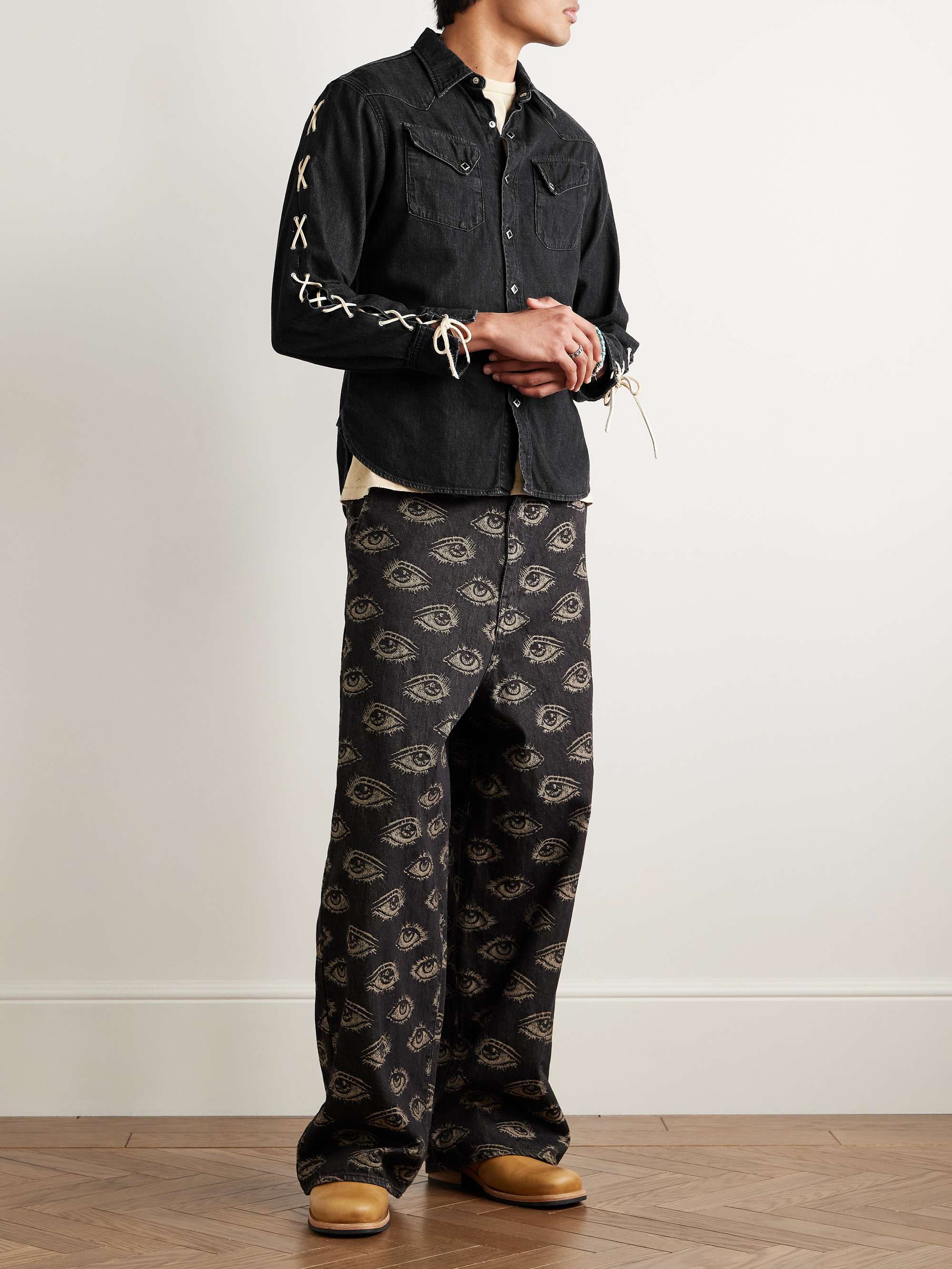 Slim-Fit Leather-Trimmed Lace-Up Denim Shirt view