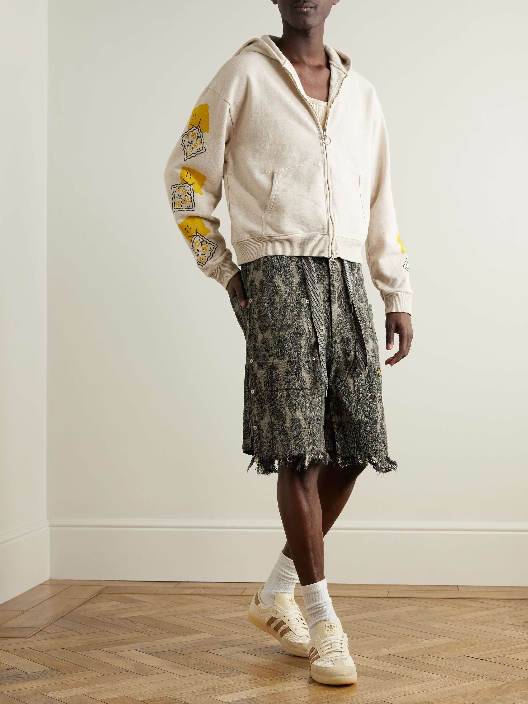 Magpie Straight-Leg Distressed Cotton-Jacquard Drawstring Shorts view