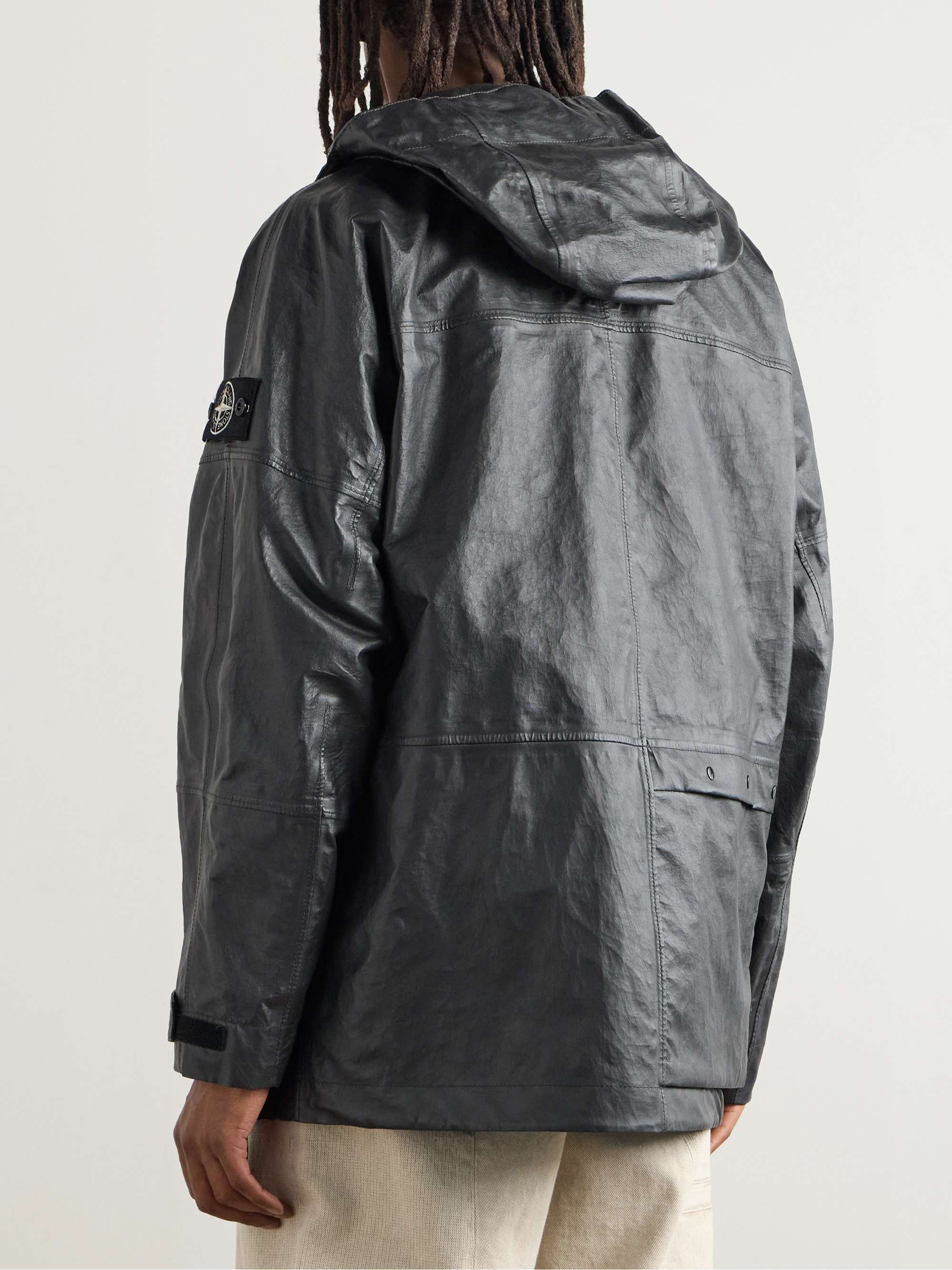 Logo-Appliquéd Paneled Light Leather Organza Hooded Jacket view