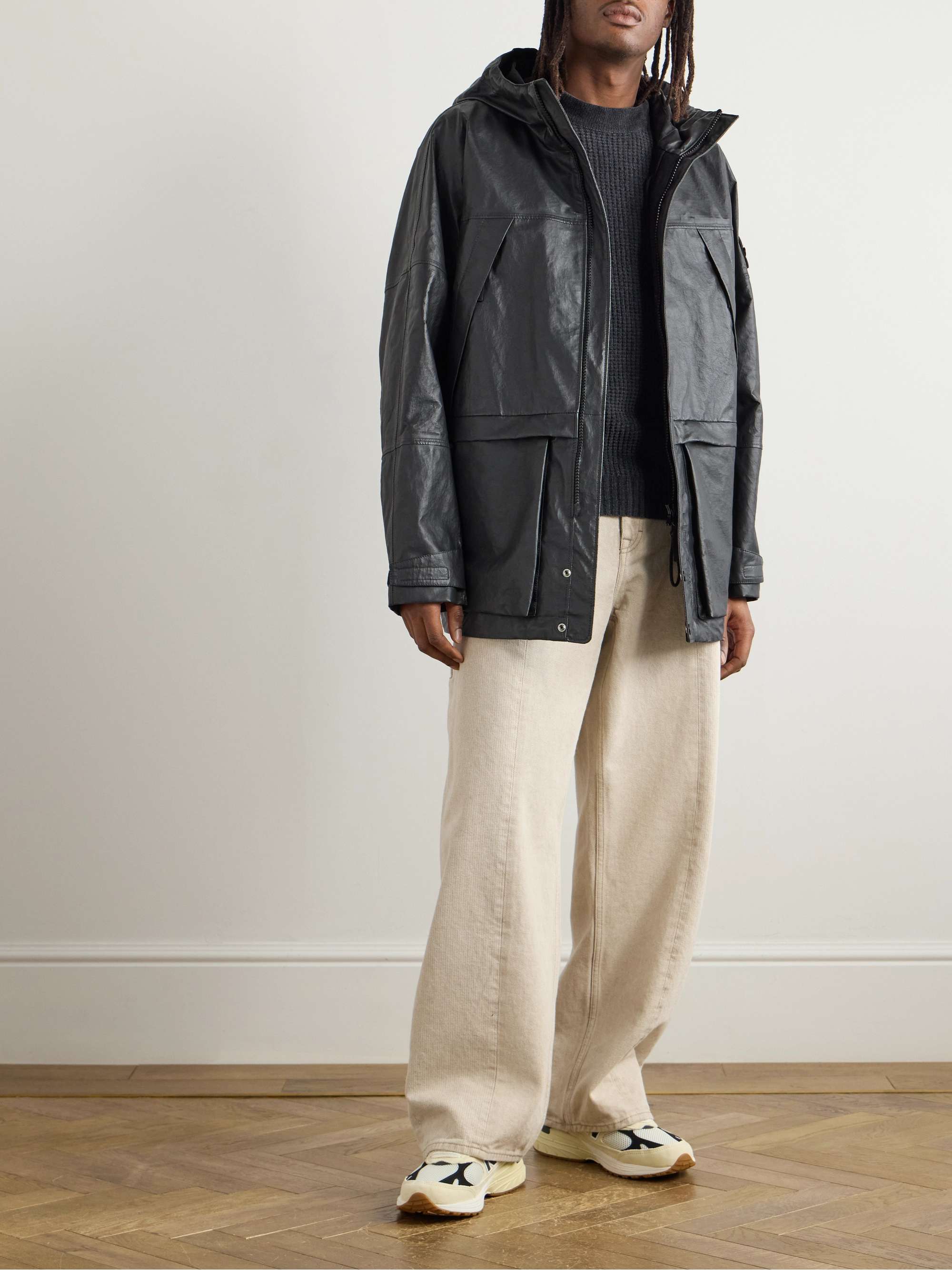 Logo-Appliquéd Paneled Light Leather Organza Hooded Jacket view