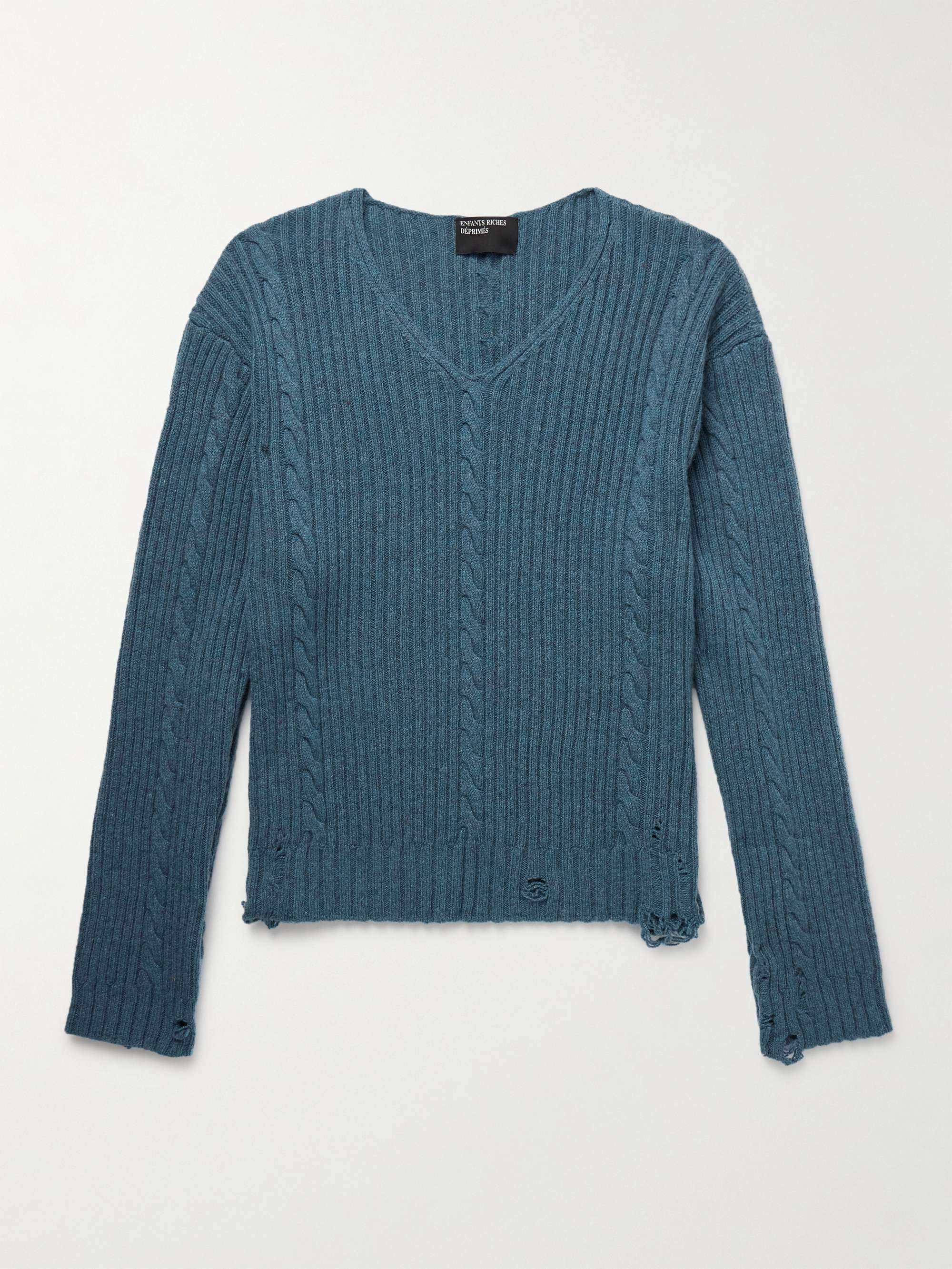 Distressed Cable-Knit Cashmere Sweater view