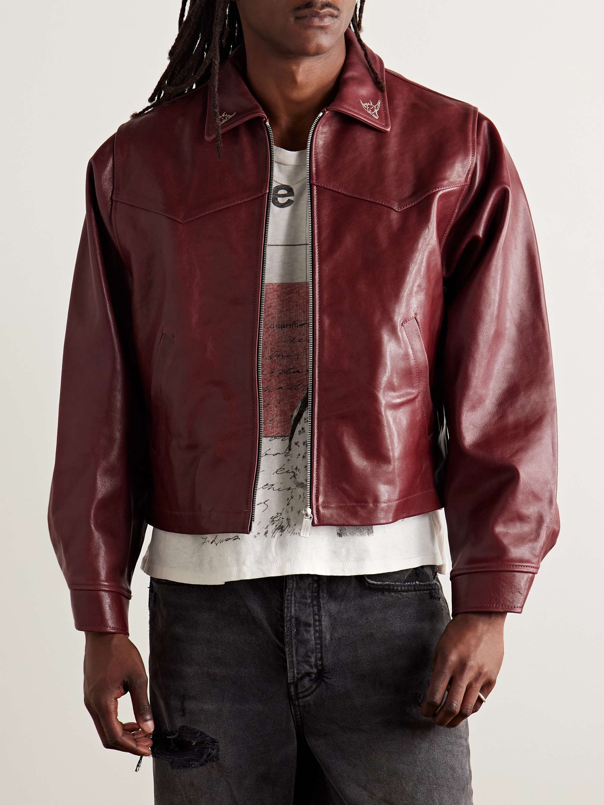 Principe de L'Amour Cropped Embroidered Leather Jacket view