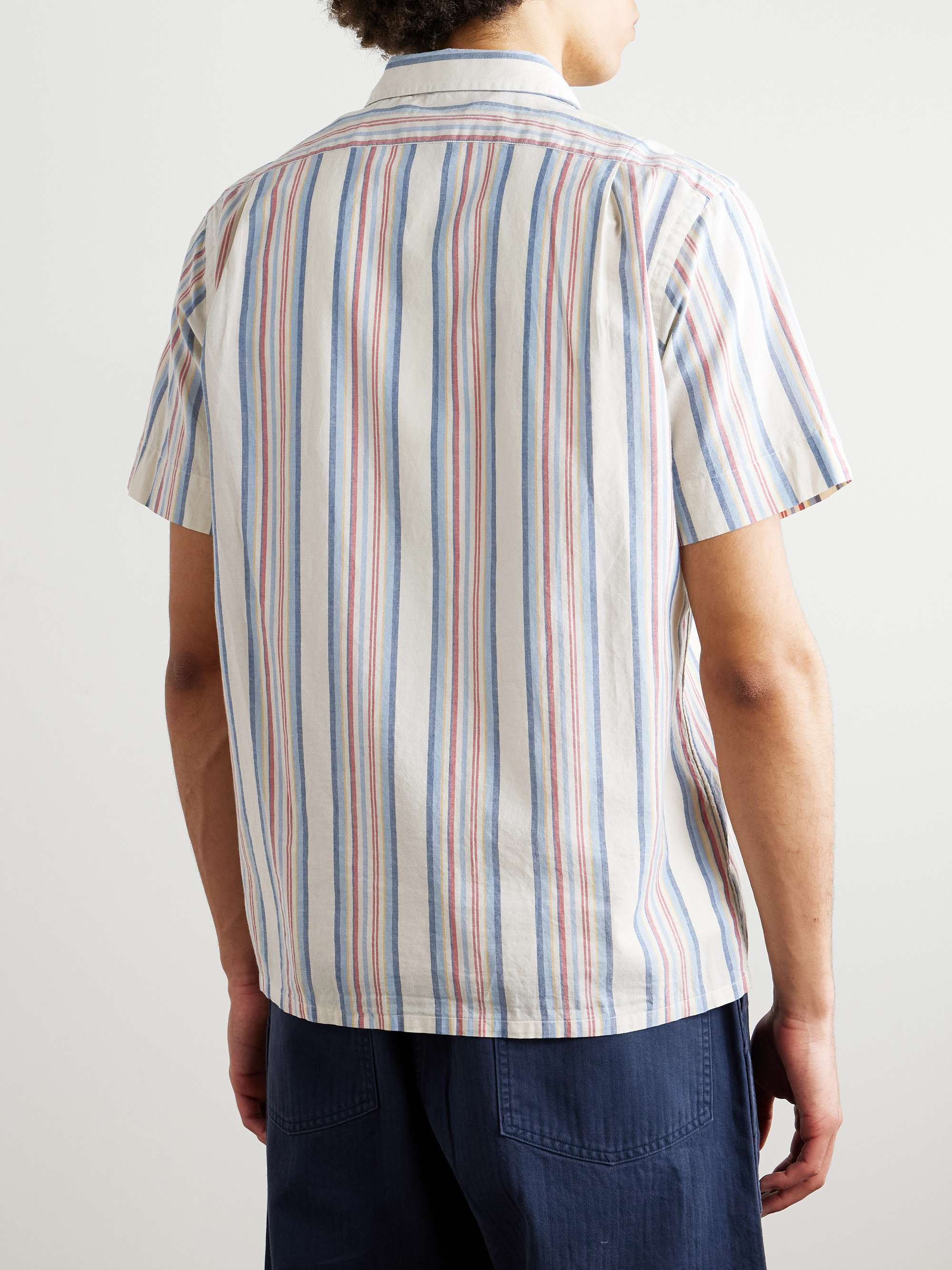 Convertible-Collar Logo-Embroidered Striped Cotton-Chambray Shirt view