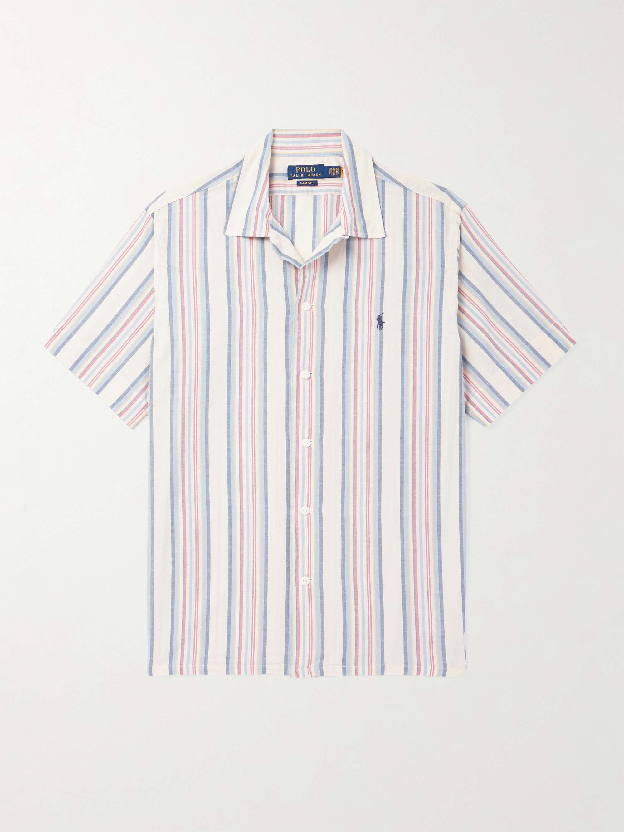 Convertible-Collar Logo-Embroidered Striped Cotton-Chambray Shirt view