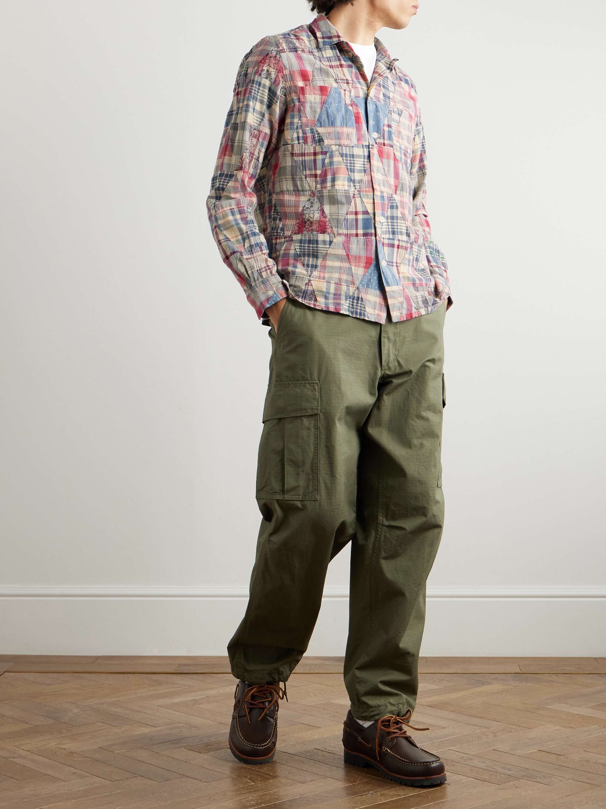 Convertible-Collar Patchwork Indigo-Dyed Cotton-Madras Shirt view