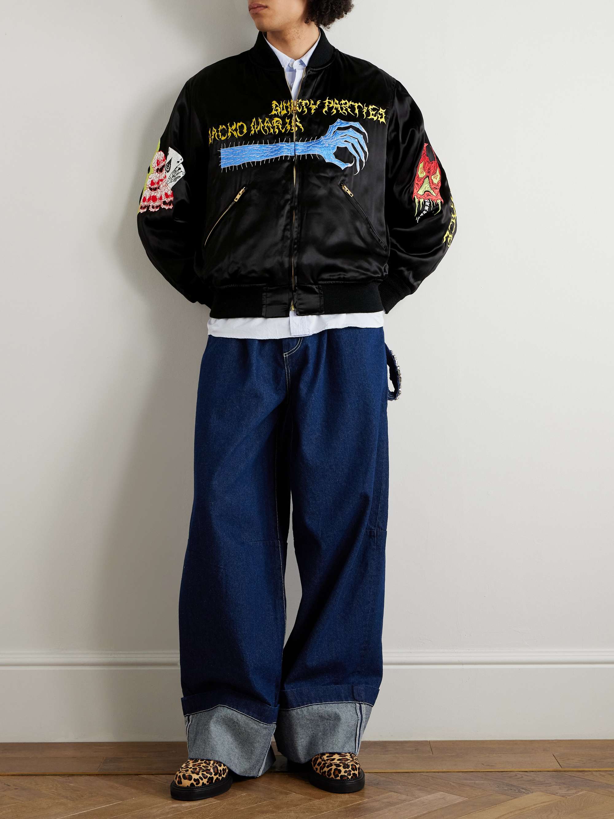 + Neck Face Embroidered Satin Bomber Jacket view