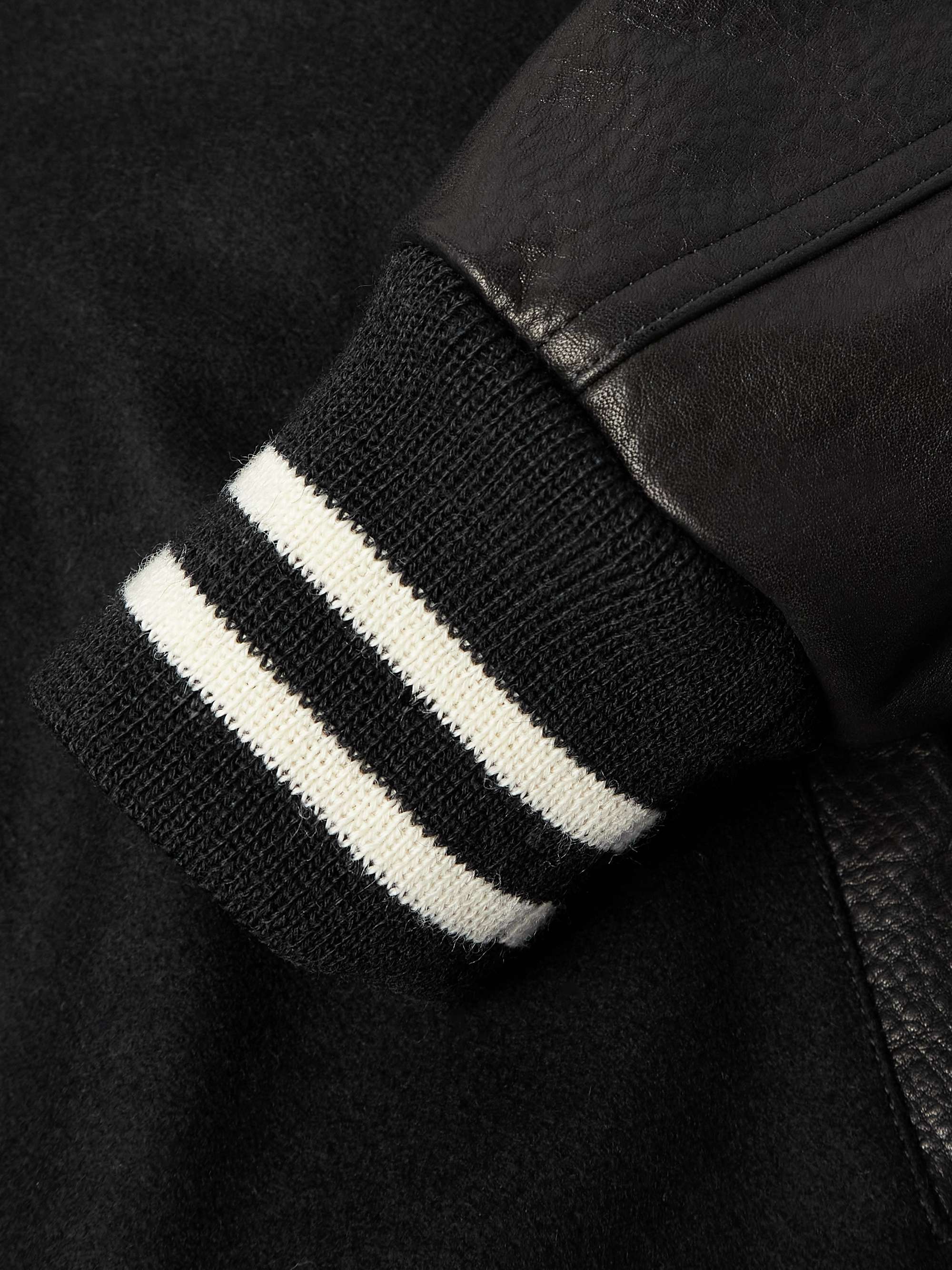 Leather-Panelled Striped Appliquéd Wool-Blend Varsity Jacket view