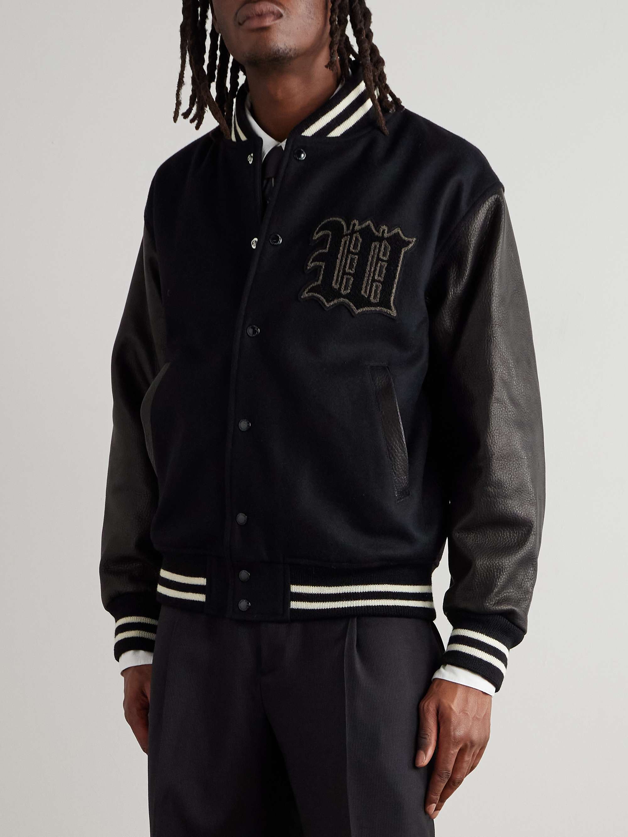 Leather-Panelled Striped Appliquéd Wool-Blend Varsity Jacket view