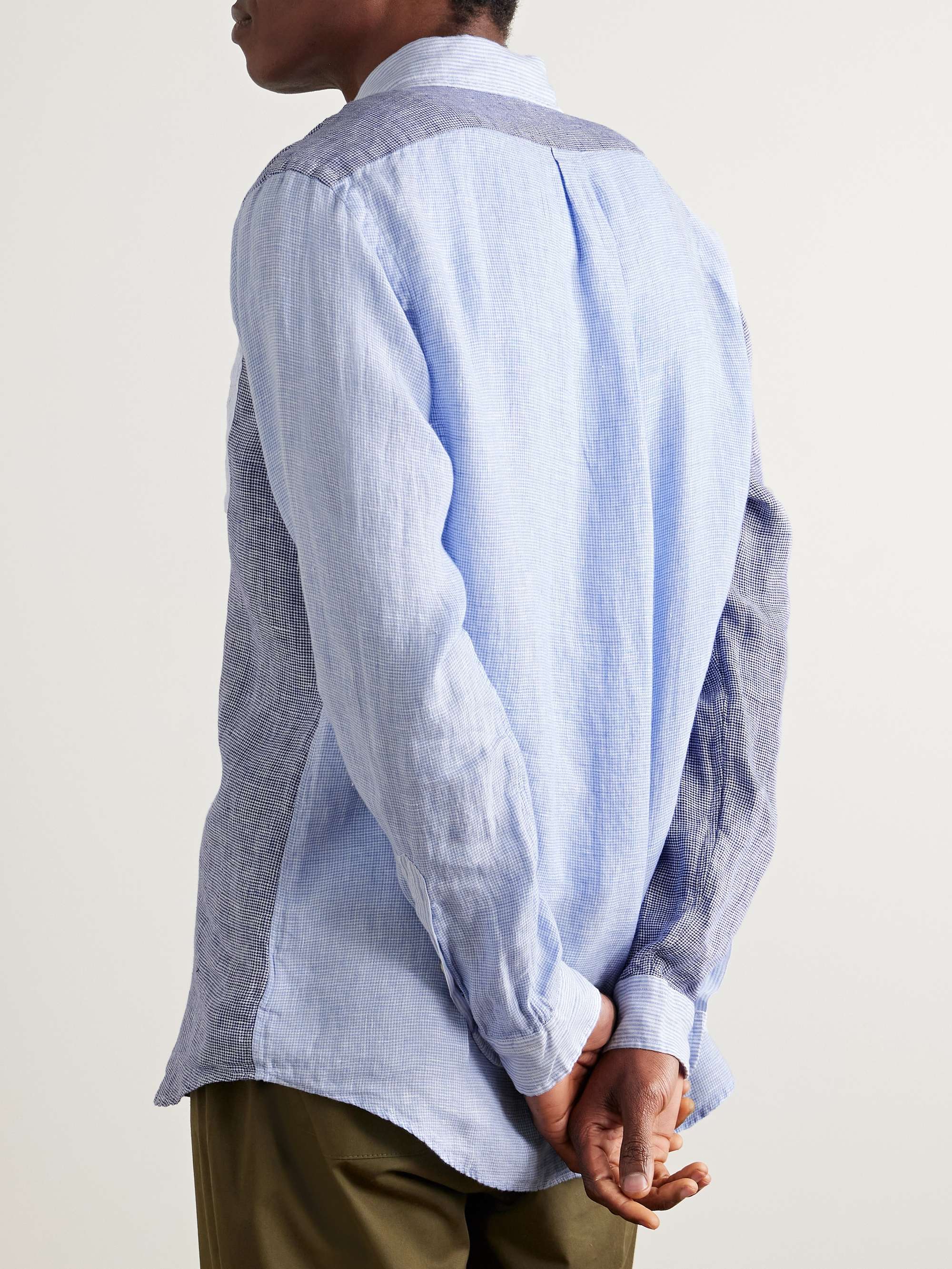 Button-Down Collar Panelled Puppytooth and Striped Linen Shirt view
