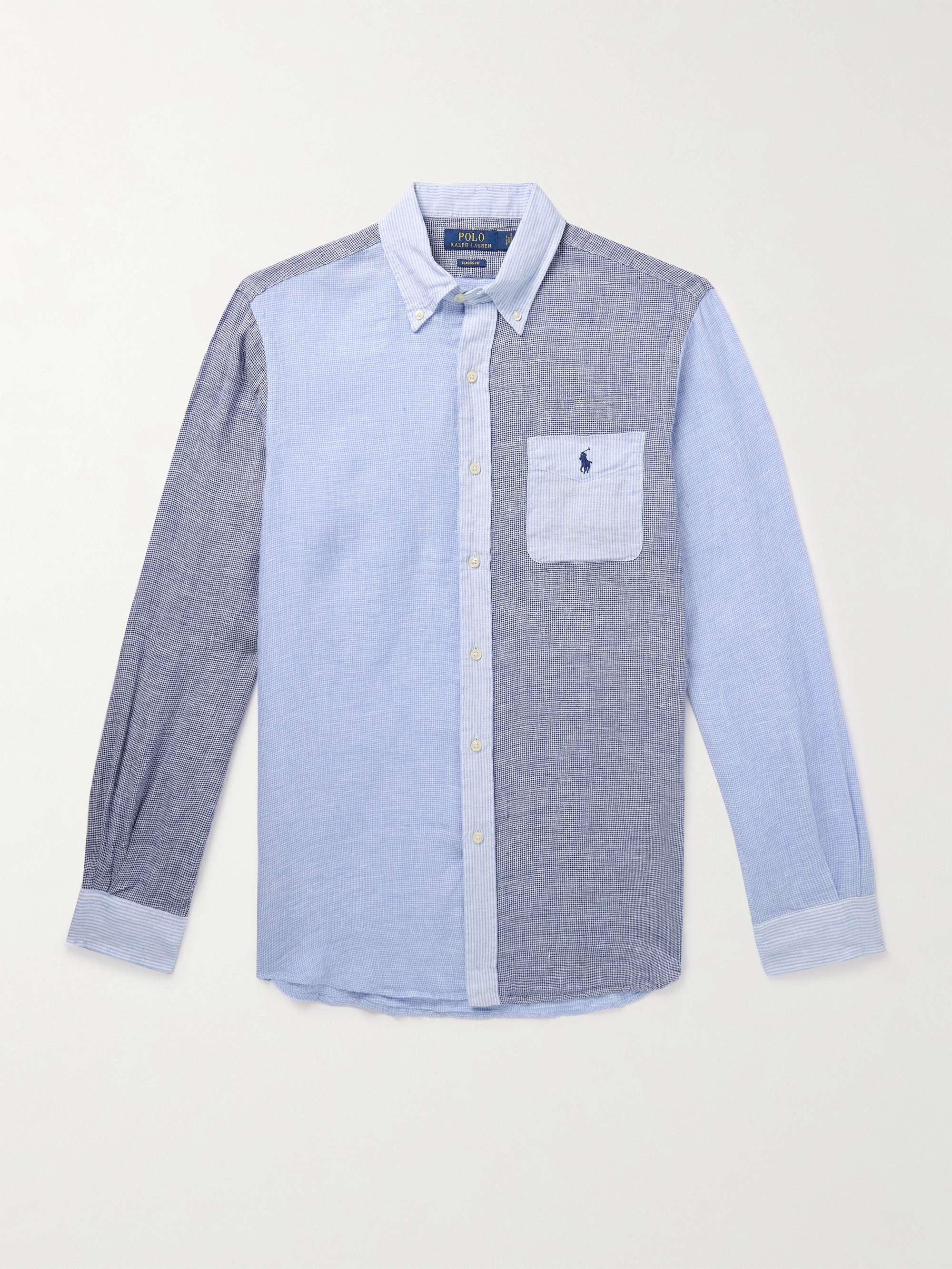 Button-Down Collar Panelled Puppytooth and Striped Linen Shirt view