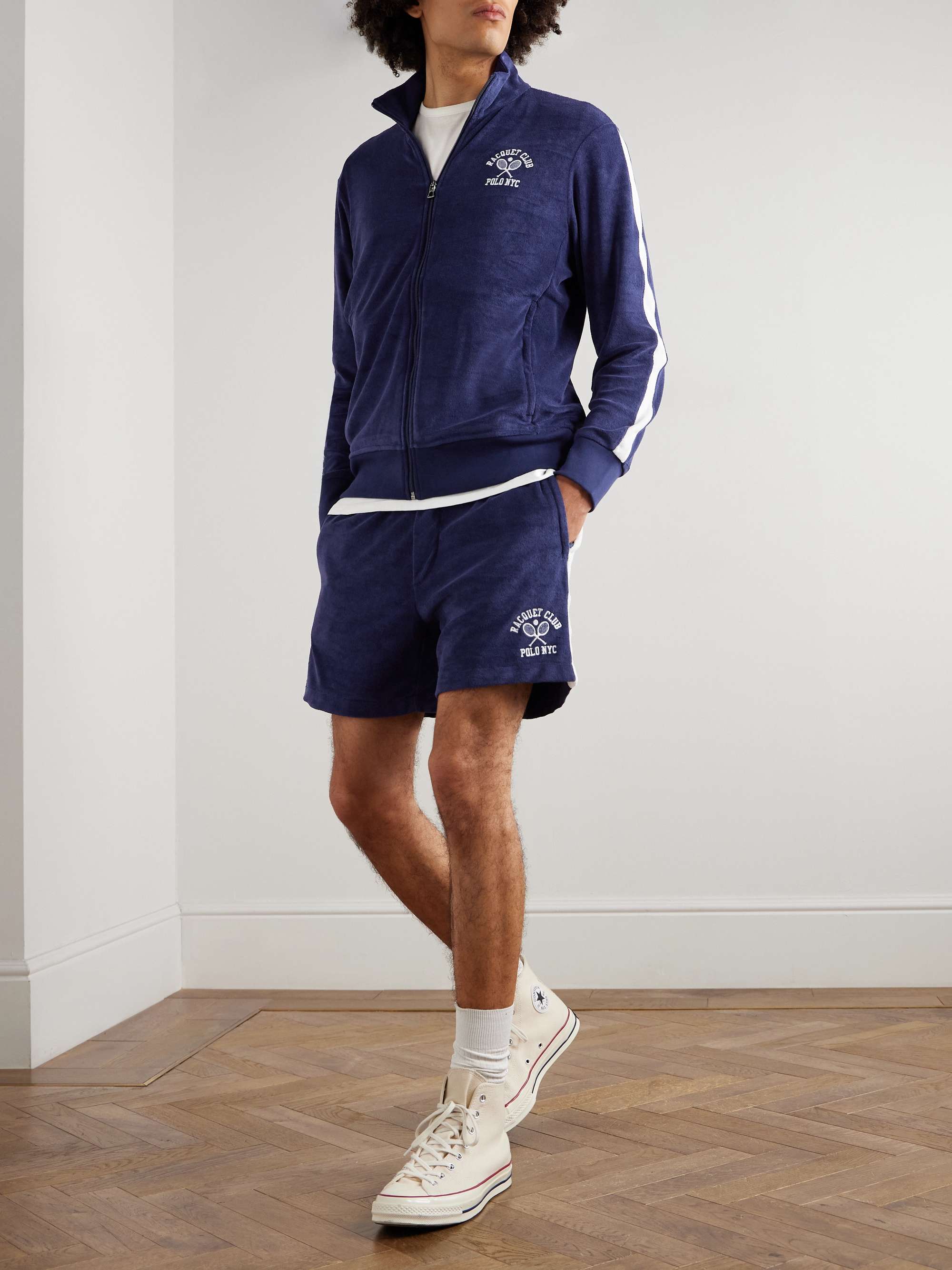 Straight-Leg Logo-Embroidered Striped Cotton-Blend Terry Shorts view
