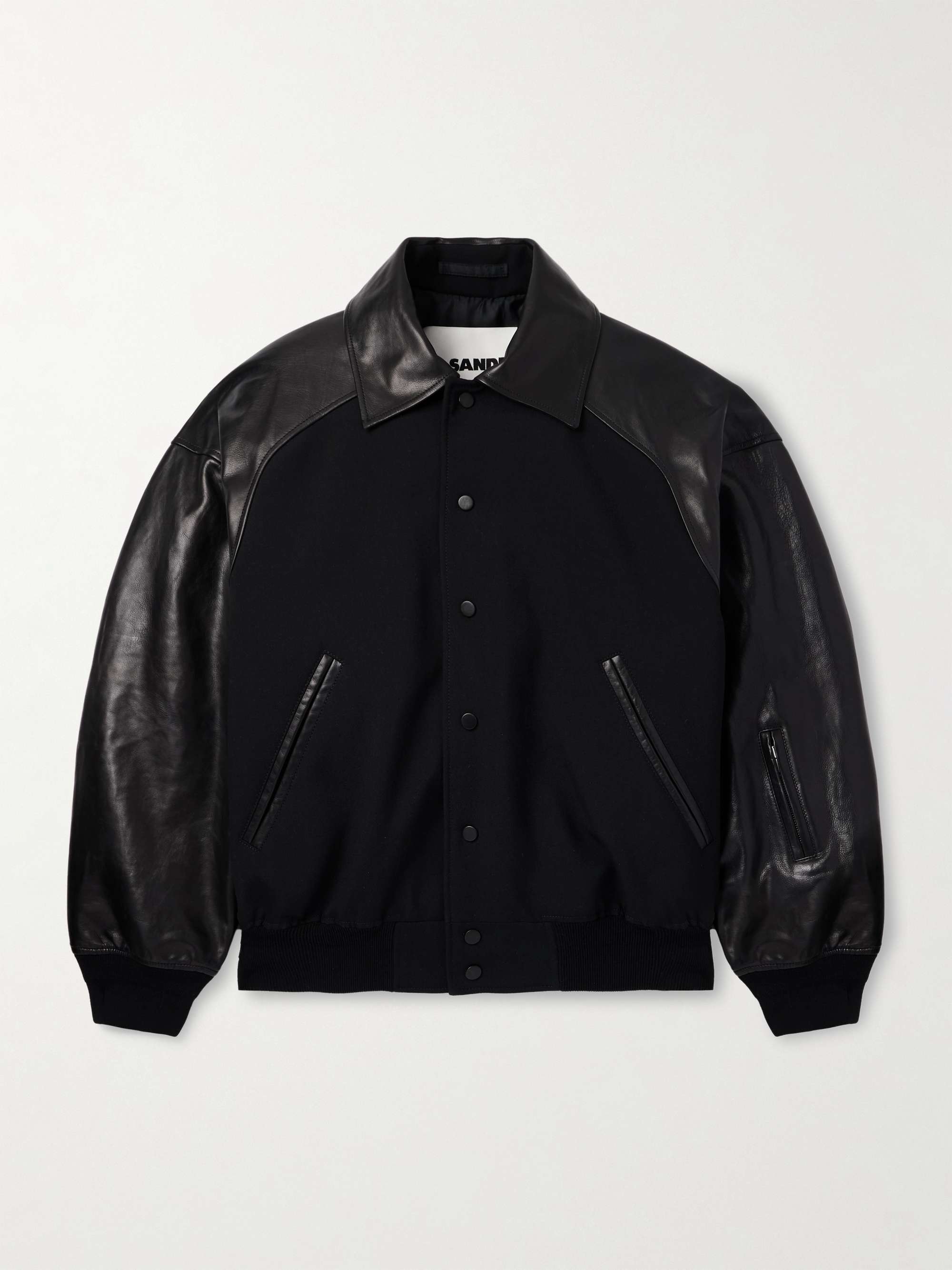 Oversized Leather-Trimmed Wool Varsity Jacket view
