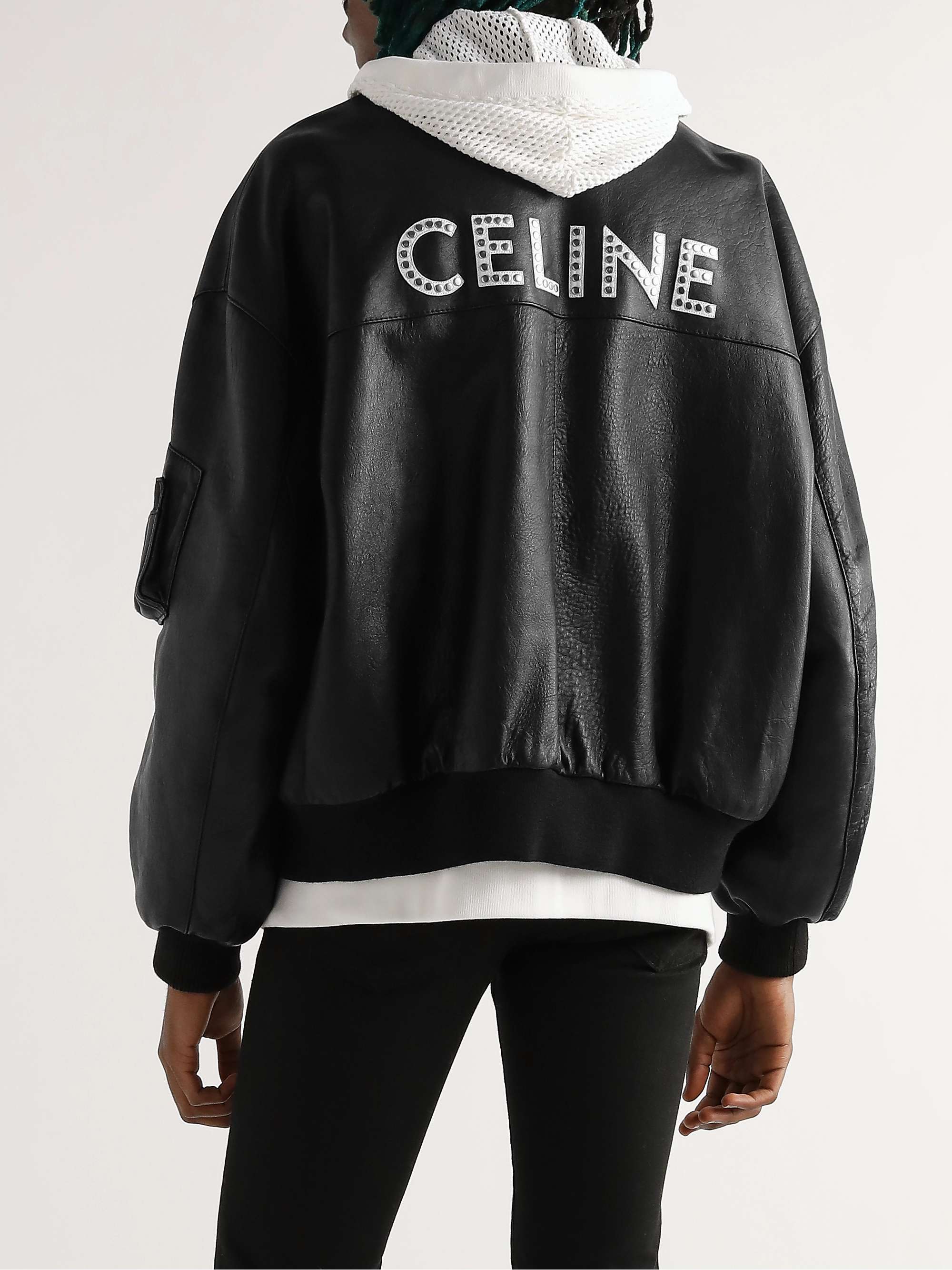 Studded Logo-Print Leather Bomber Jacket view
