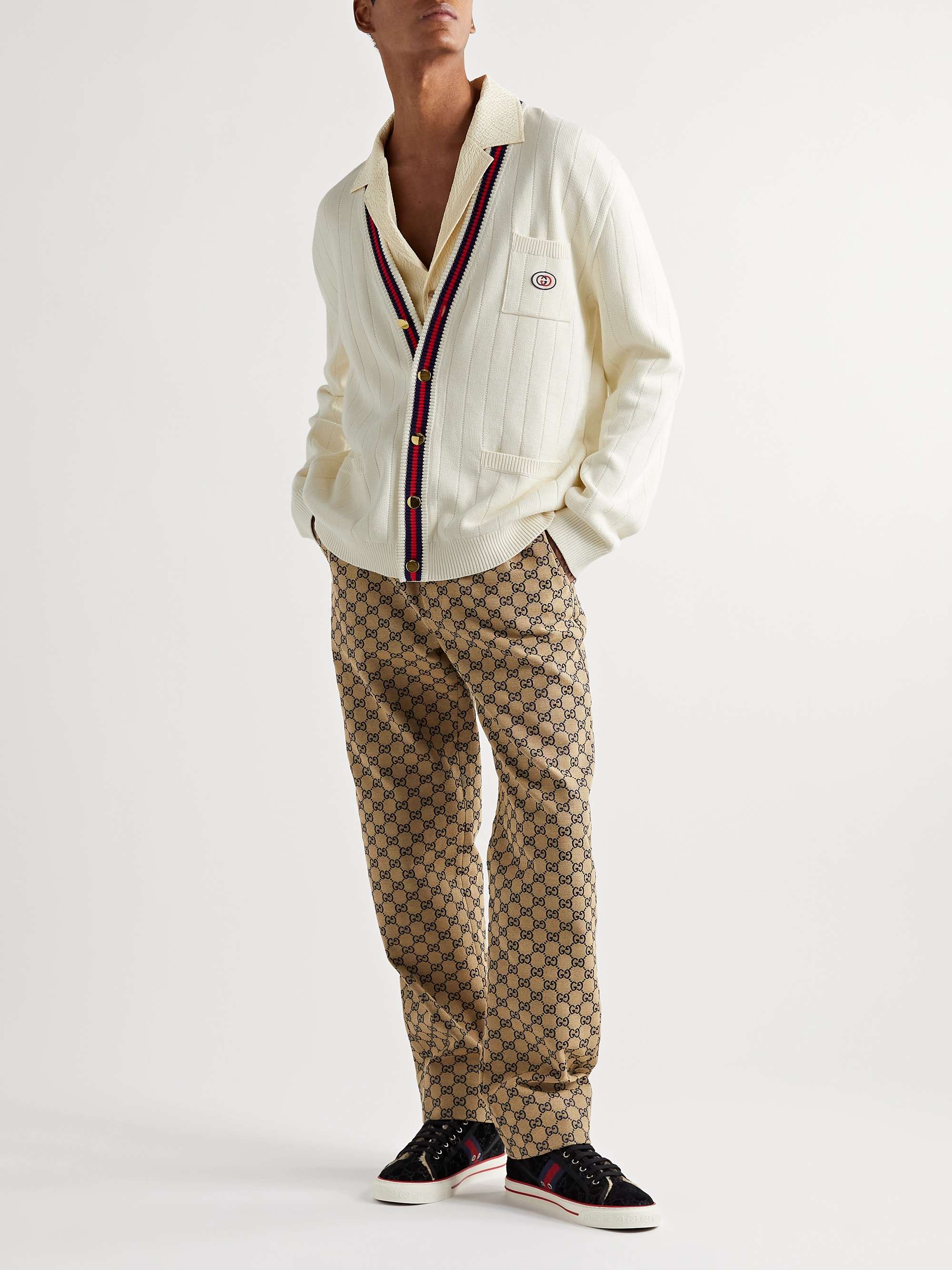 Logo-Appliquéd Striped Ribbed Cotton Cardigan view