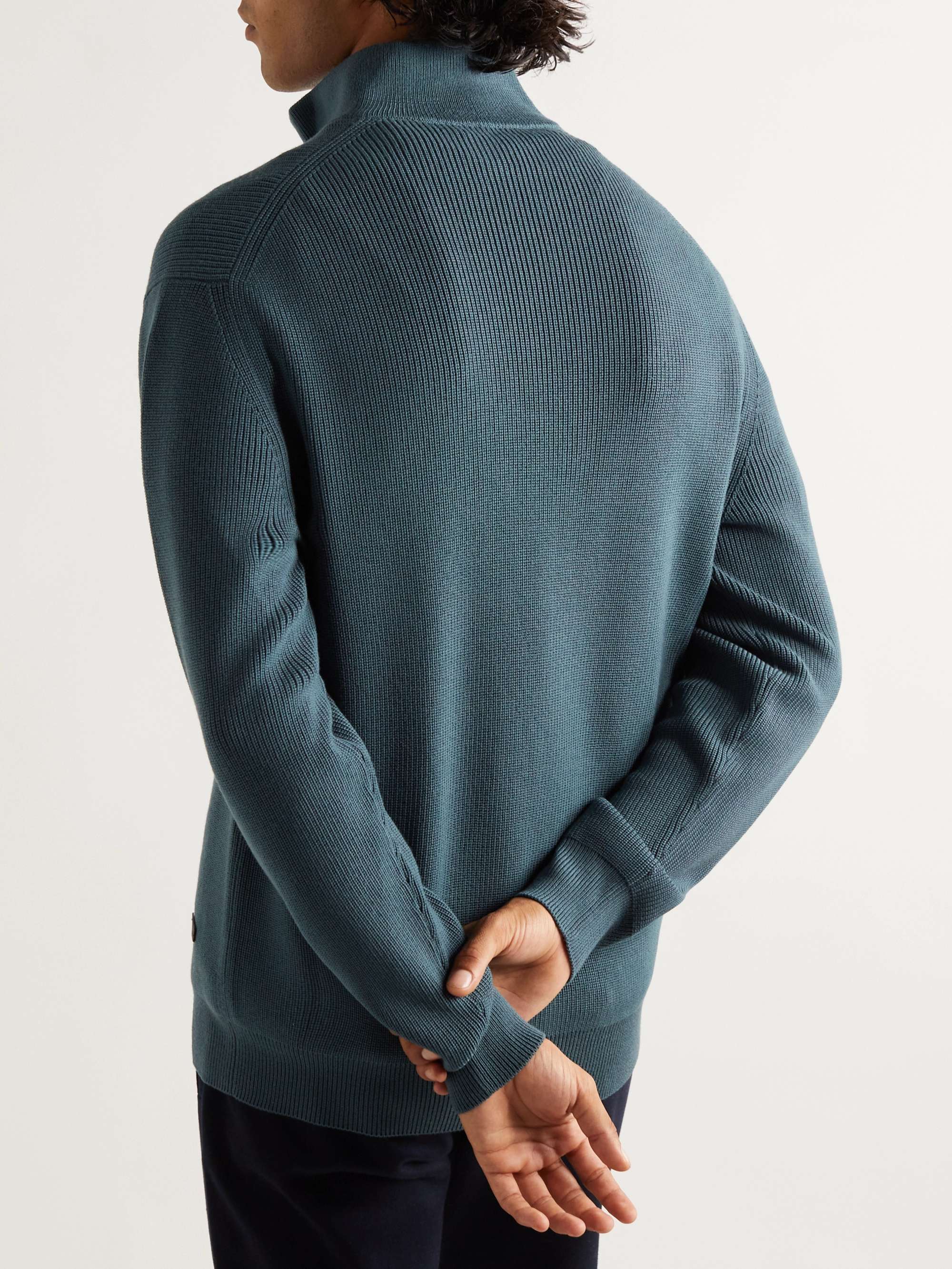 Leather-Trimmed Ribbed Wool Half-Zip Sweatshirt view