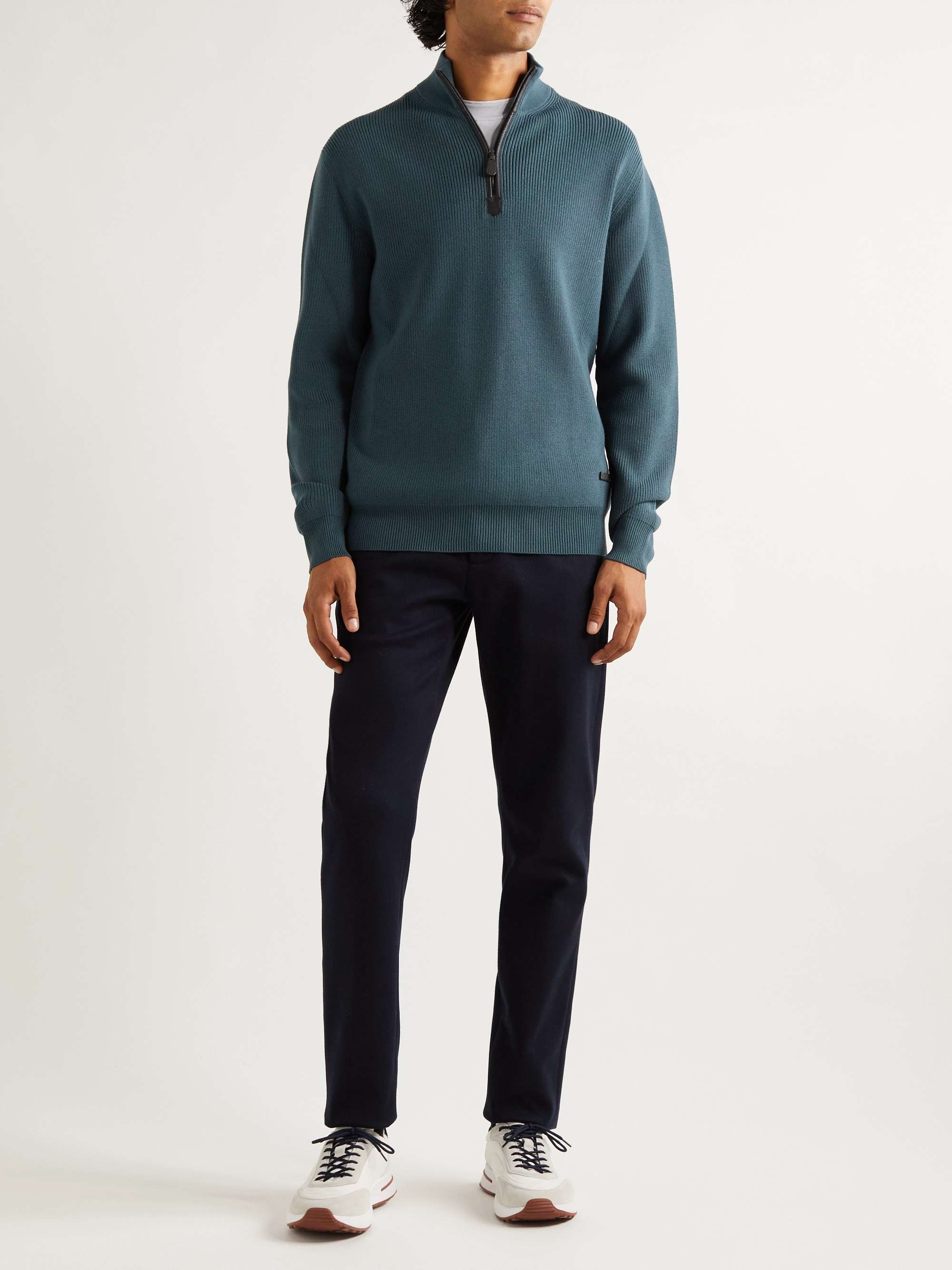 Leather-Trimmed Ribbed Wool Half-Zip Sweatshirt view