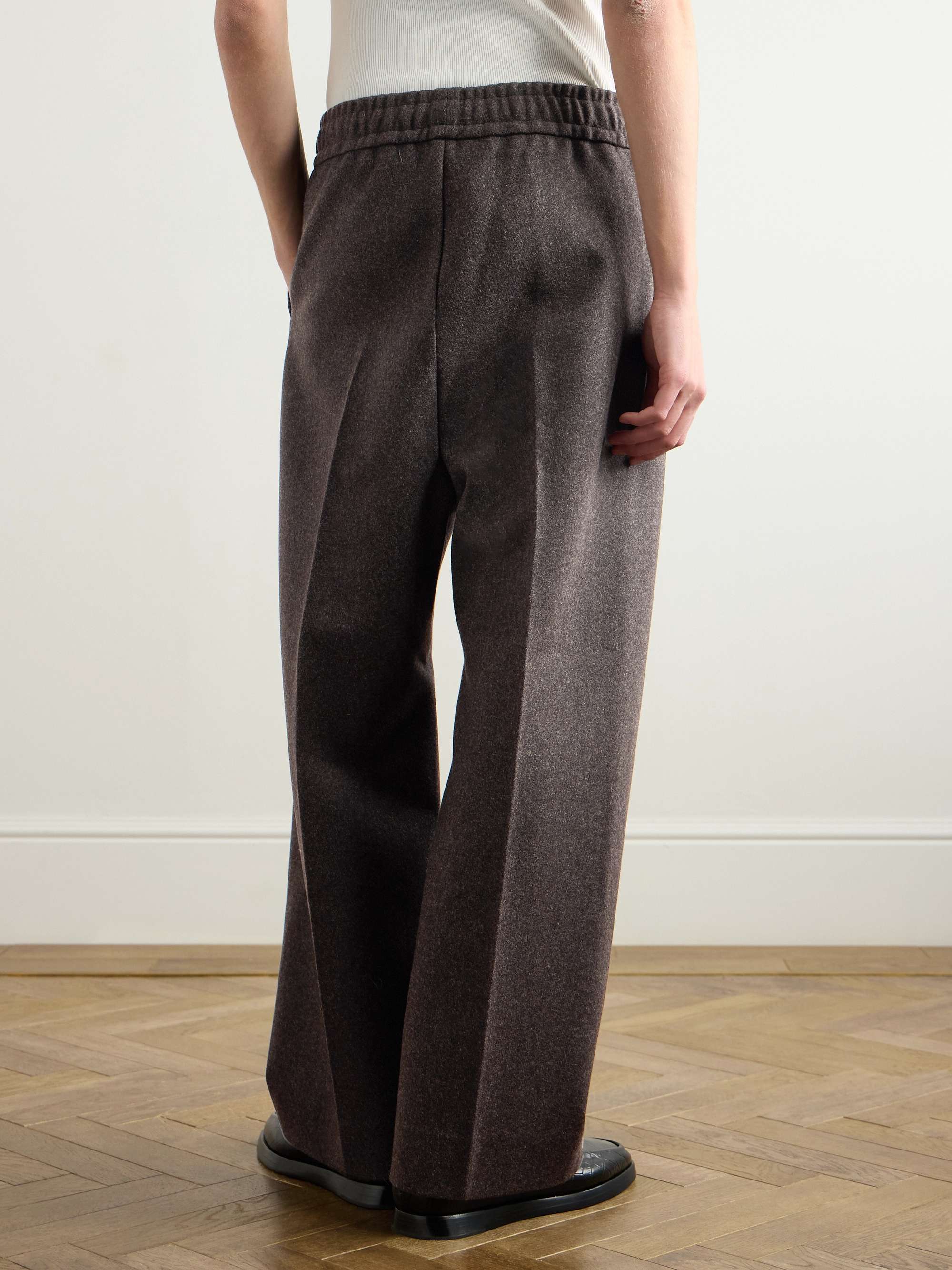 Wide-Leg Pleated Wool Drawstring Trousers view
