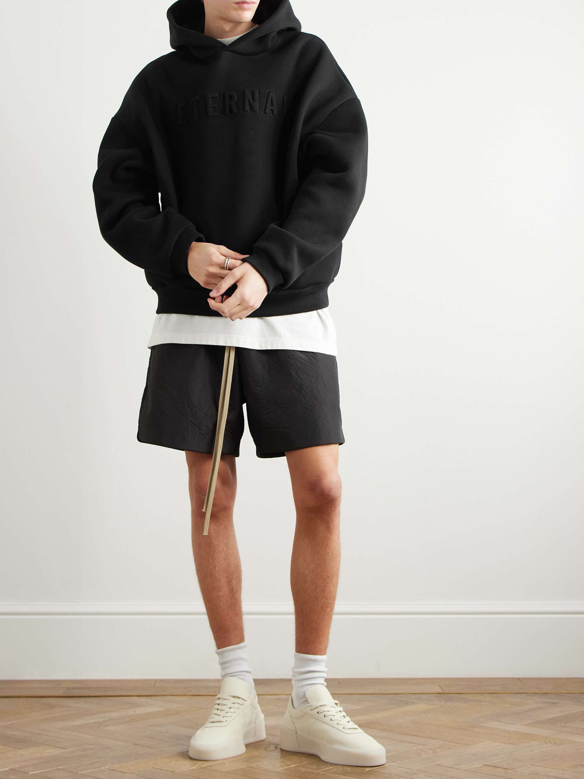 Wide-Leg Logo-Appliquéd Textured-Shell Drawstring Shorts view