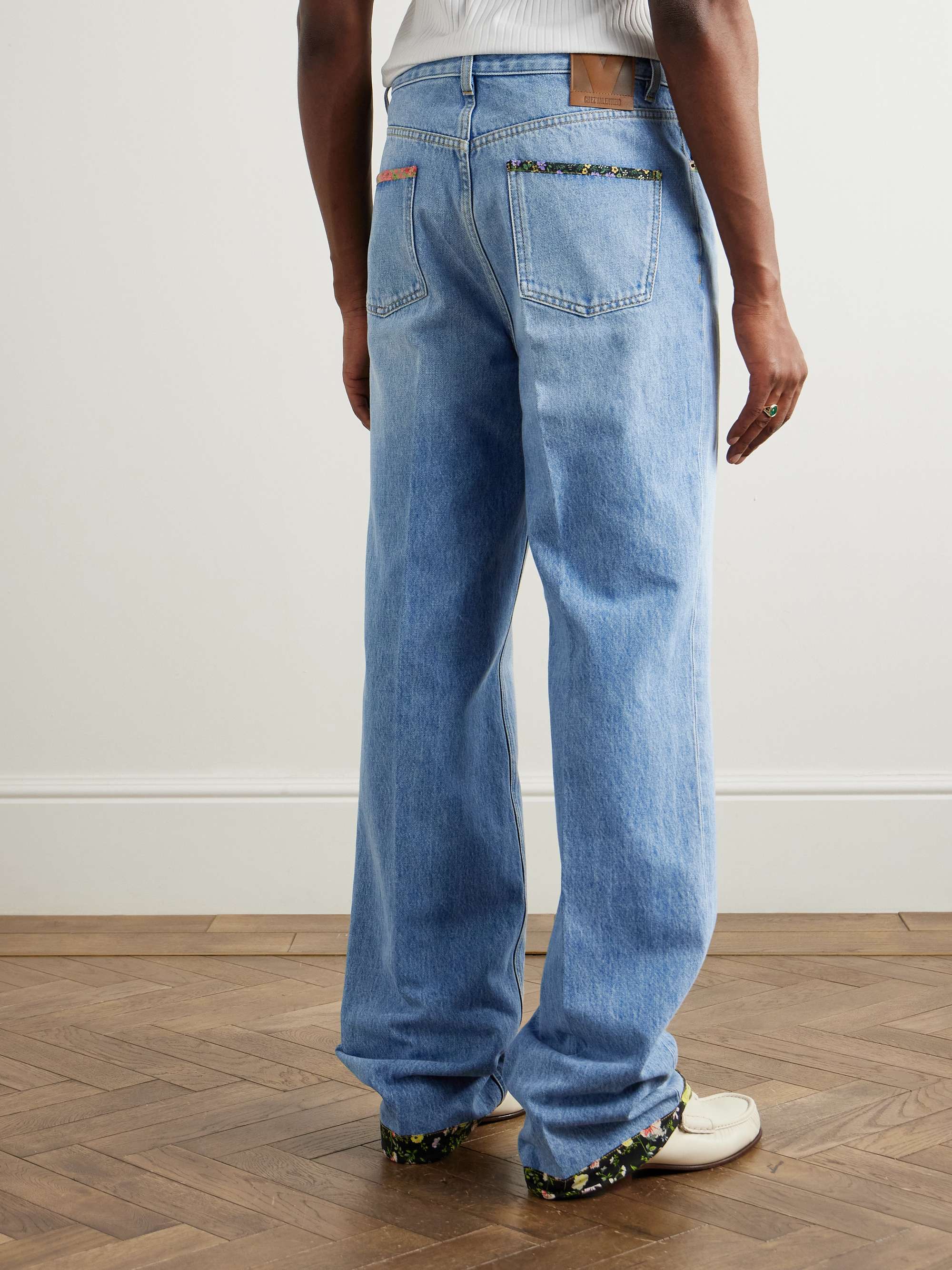 Straight-Leg Floral-Trimmed Jeans view