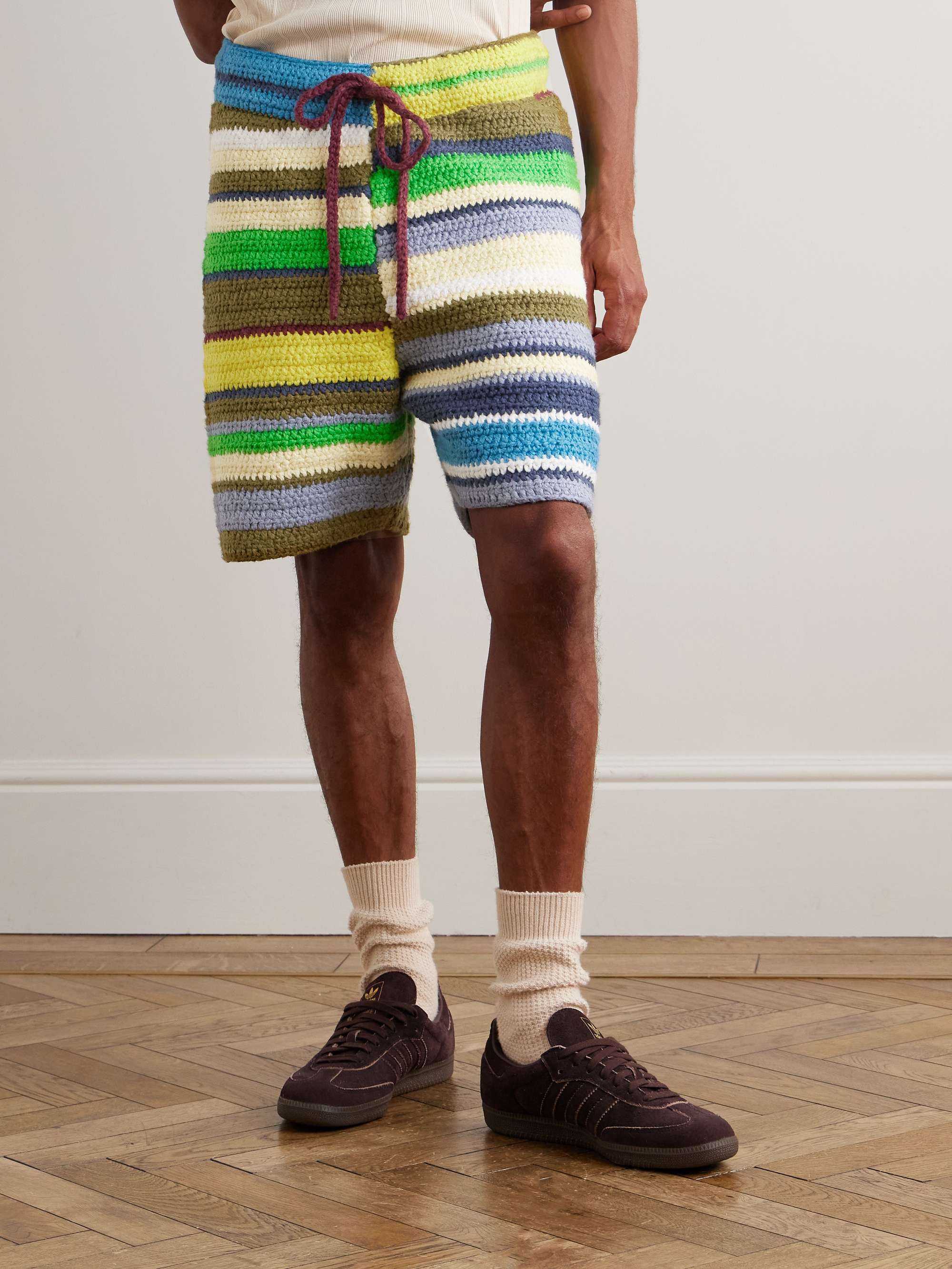 Straight-Leg Striped Crocheted Organic Cotton Drawstring Shorts view