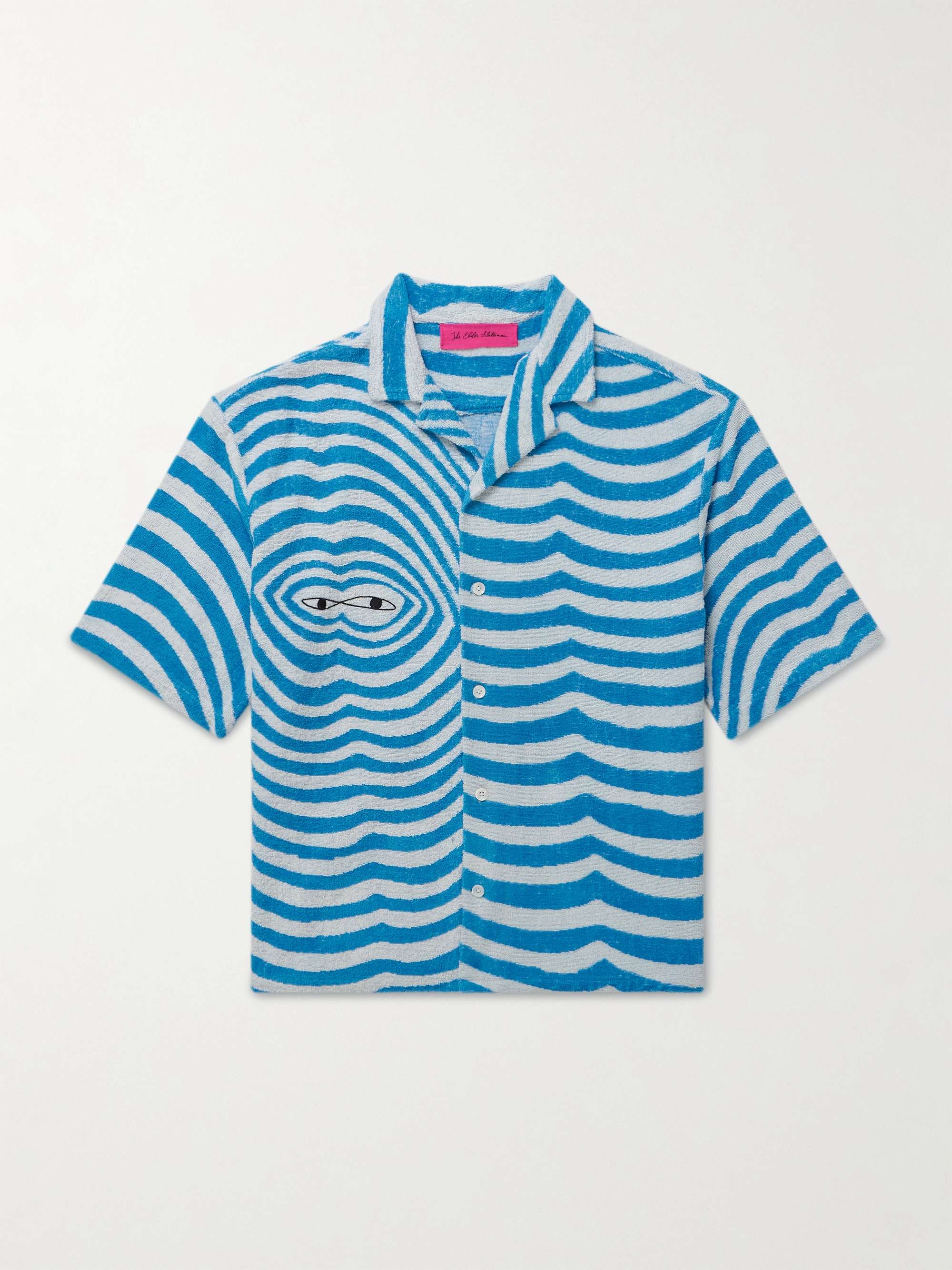 Camp-Collar Embroidered Striped Organic Cotton-Terry Shirt view