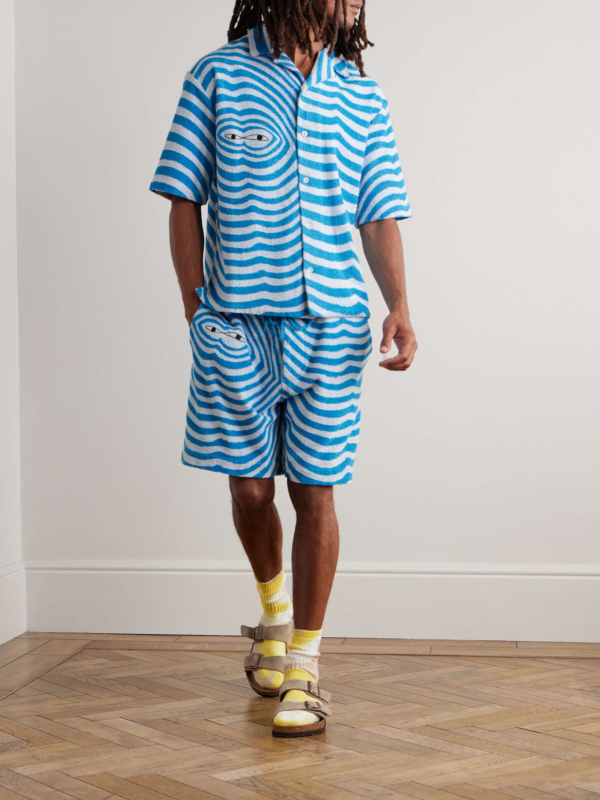 Camp-Collar Embroidered Striped Organic Cotton-Terry Shirt view