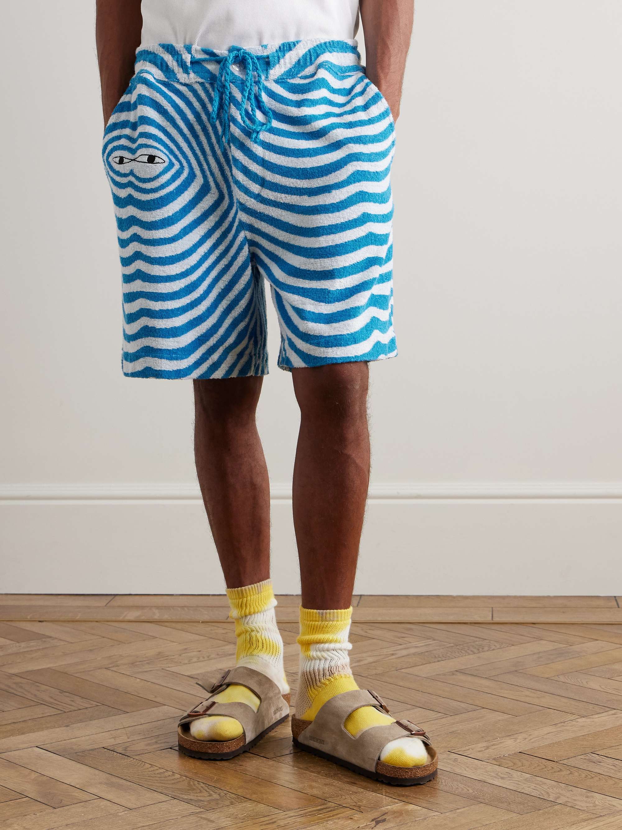 Straight-Leg Embroidered Striped Organic Cotton-Terry Drawstring Shorts view