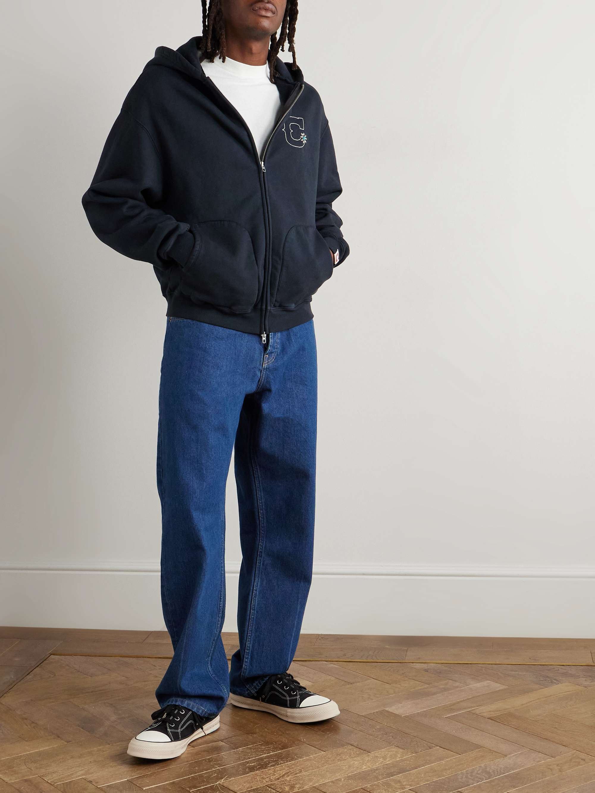Logo-Embroidered Embellished Cotton-Jersey Zip-Up Hoodie view