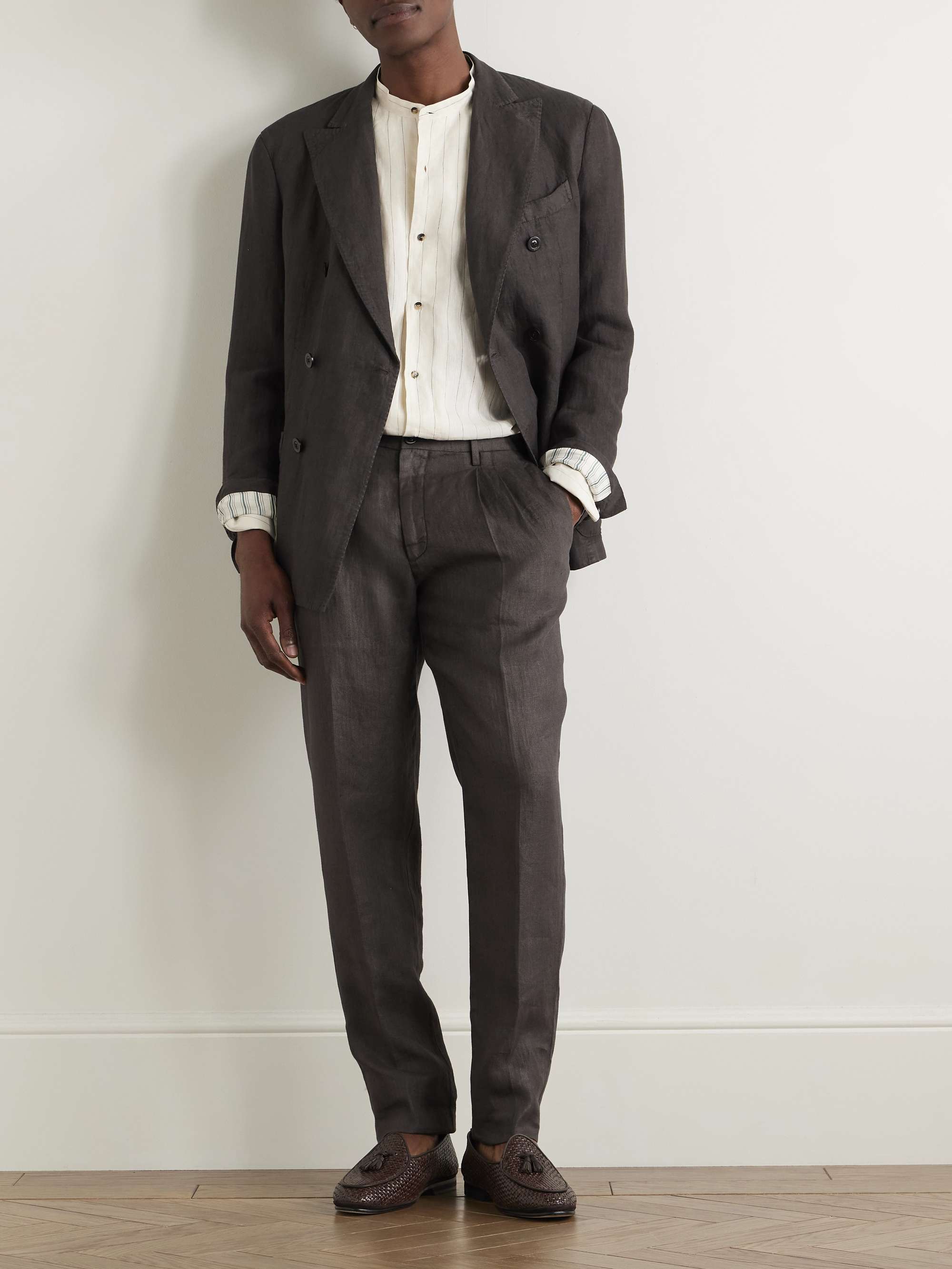 Straight-Leg Pleated Herringbone Linen Suit Trousers view