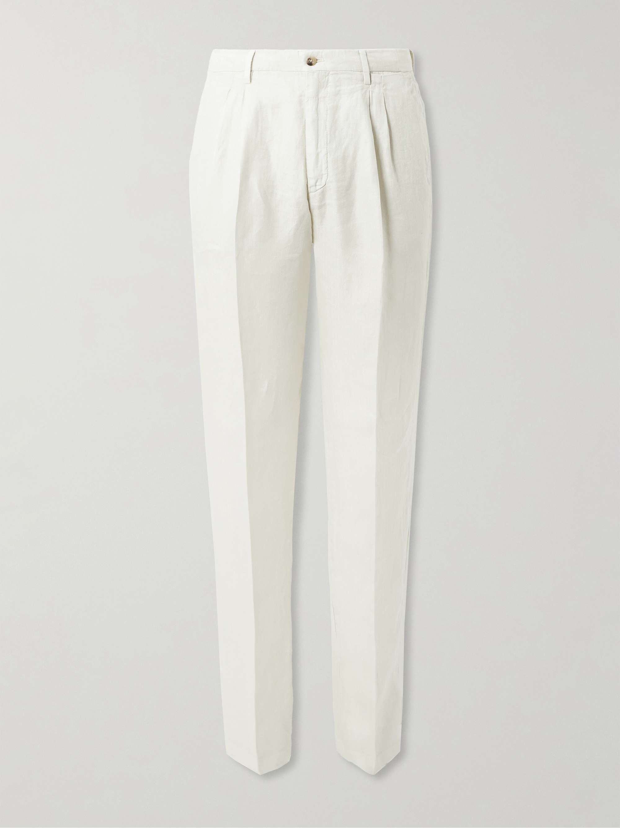 Slim-Fit Pleated Herringbone Linen Suit Trousers view