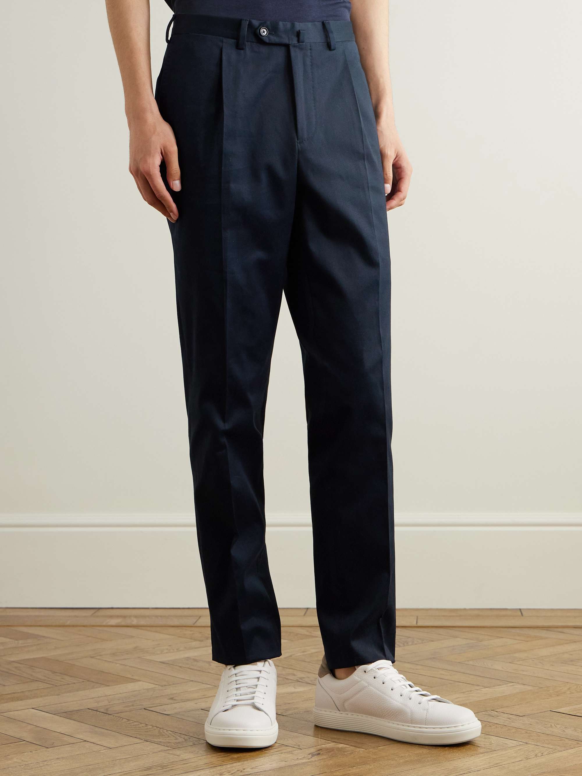 Straight-Leg Pleated Stretch Cotton-Twill Trousers view