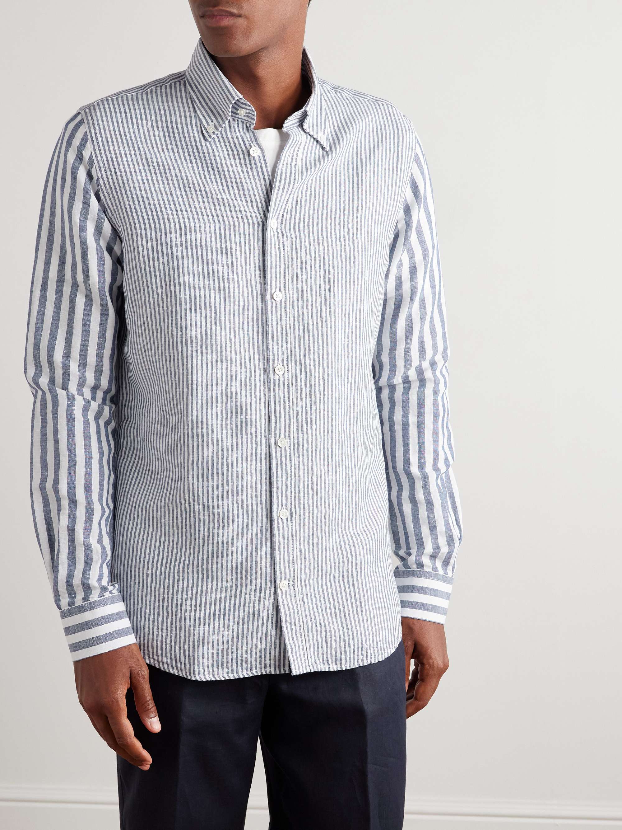 Slim-Fit Button-Down Collar Striped Linen and Cotton-Blend Shirt view